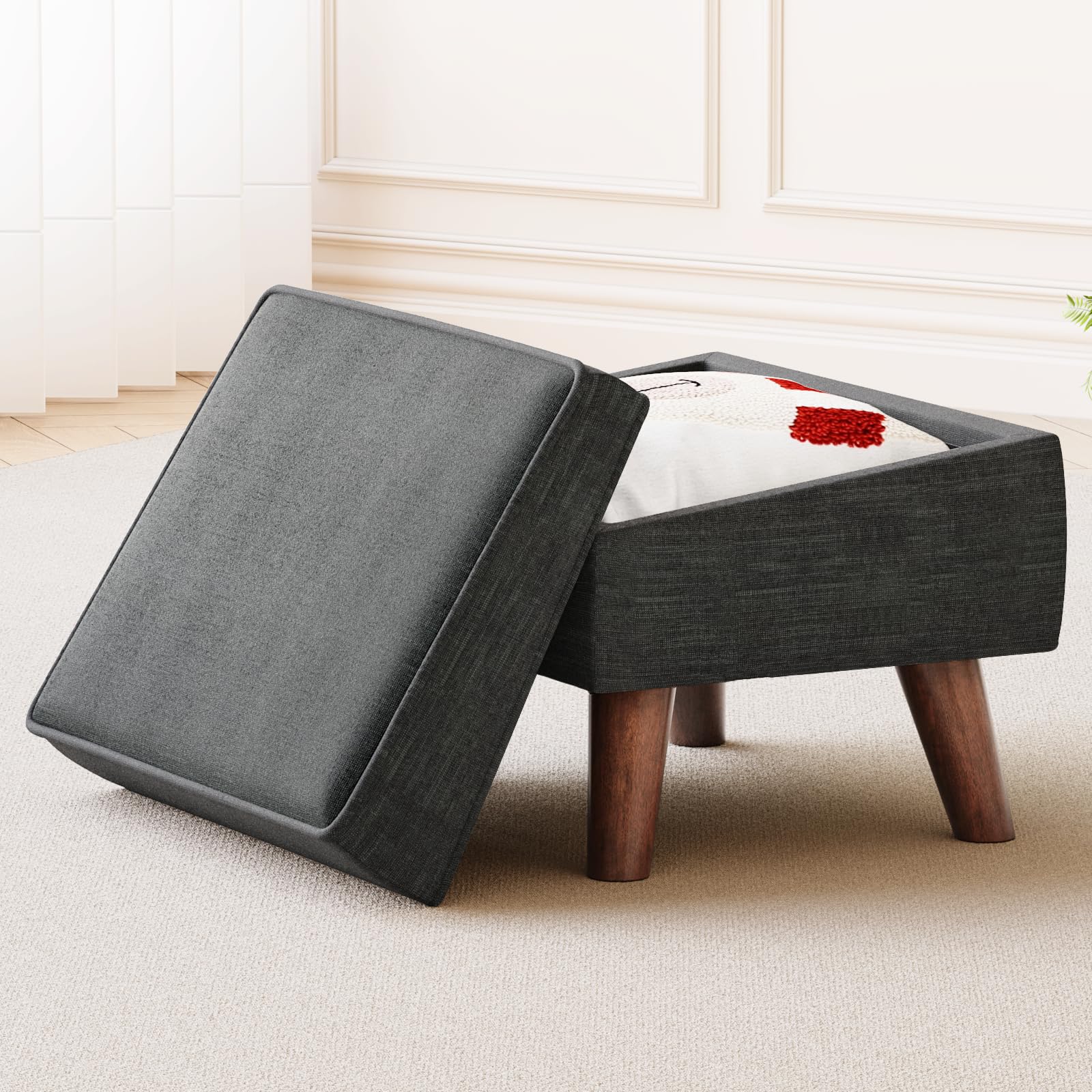 Footstool Ottoman with Storage, Modern Ottoman Foot Rest with Adjustable Cover, Foot Stool for Living Room Bedroom Room, Dark Gray