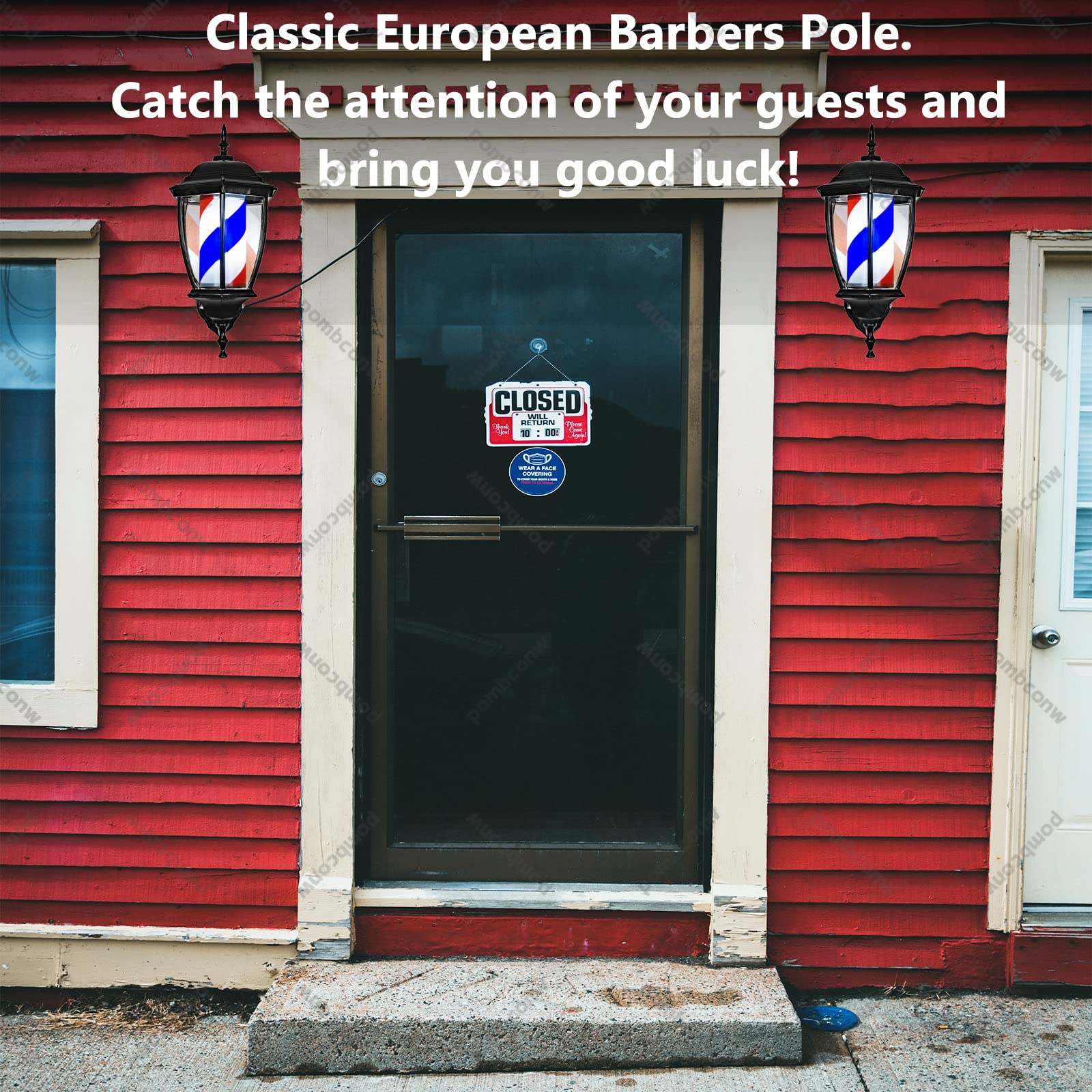 Poste de barbero LED para interiores y exteriores, resistente al agua, giratorio, peluquería, peluquería, cartel abierto, estilo clásico, tiras rojas y blancas, montaje en pared, ahorro de energía (B