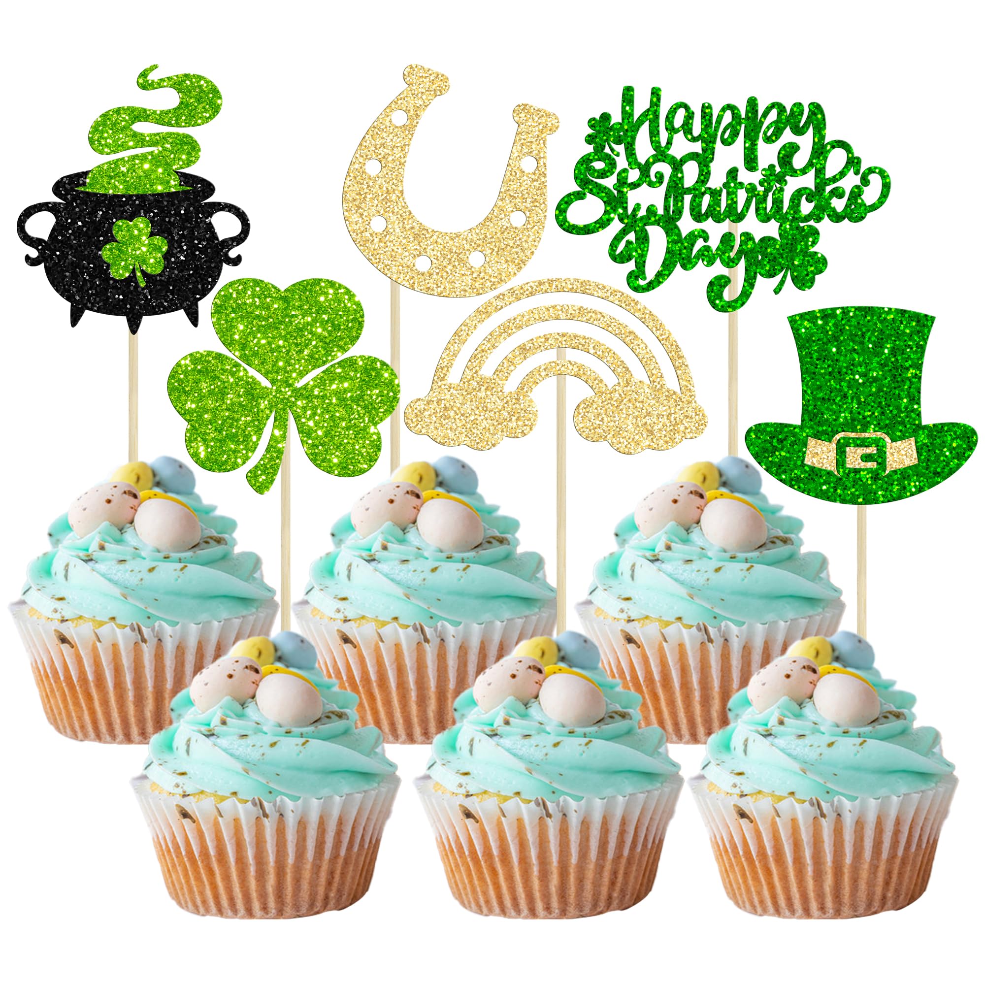 Gyufise 24Pcs Happy St Patrick's Day Cupcake Toppers Glitter Four Leaf Clover Shamrock Cupcake Picks Green Hat Cupcake Toppers for Irish Saint Paddy's Day Theme Party Birthday Cake Decor Supplies