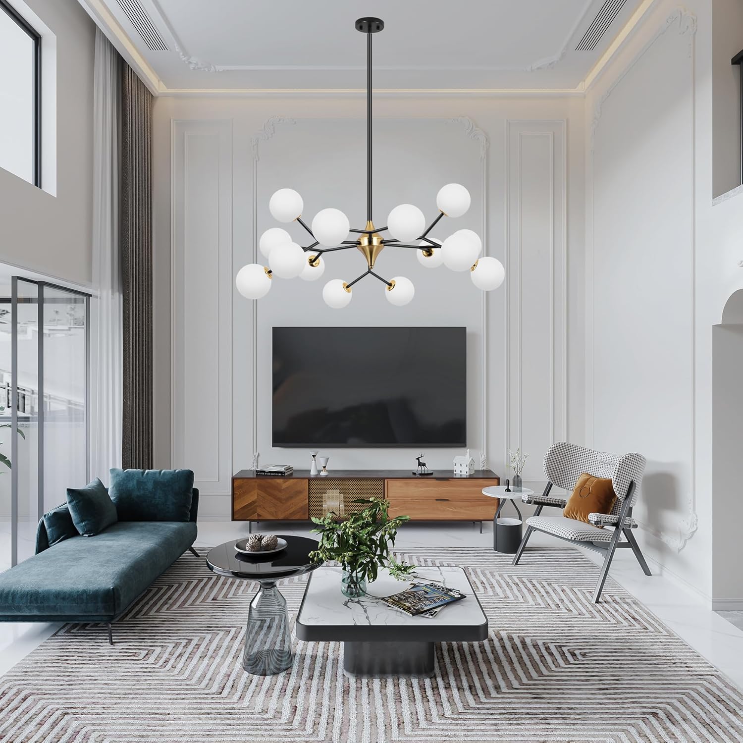 COCOSTAR Black and Gold Dining Room Chandelier, 15 Lights Mid Century Modern Sputnik Chandelier for Kitchen Island Living Room Bedroom, Ceiling Light Fixture Over Table, G9 Base