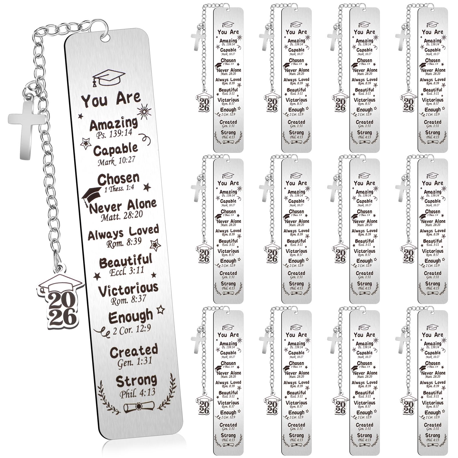 Skyygemm 12 Pcs Metal Graduation Inspirational Bible Verse Christian Bookmarks Cross Chain Class of 2026 Graduation Gifts Christian Religious Gifts for Him Her College High Middle School Students Grad