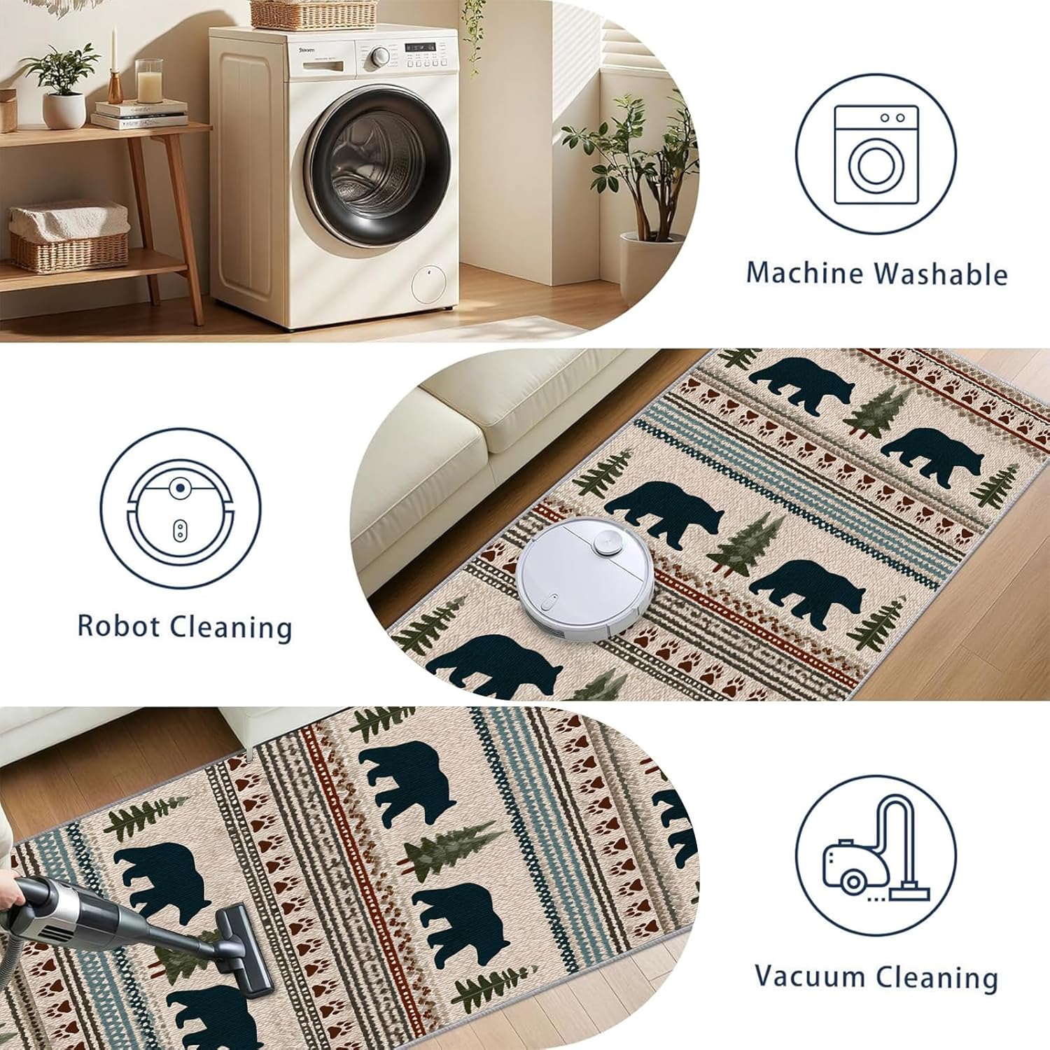 Rustic Lodge Runner Rugs, 2x7ft, Vintage Animal Bear Rug for Cabin, Bear Cabin Kitchen Rug Mat, Washable Non-Slip Carpet, for Entryway Bathroom Laundry Dorm