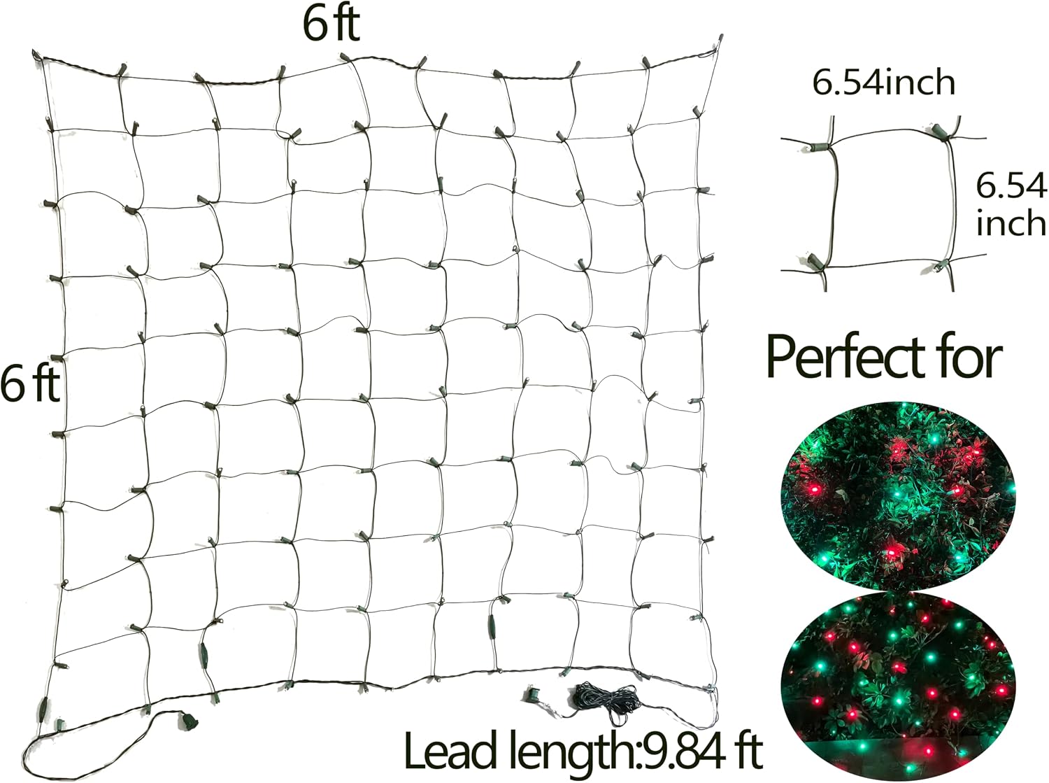 HISHINY LED Christmas Net Lights Outdoor,6ftx6ft 144LED Green Wire, Connectable Indoor Outdoor Bush Mesh Net Lights String for Halloween Christmas Party,Shrub,Yard,Tree（Red & Green）