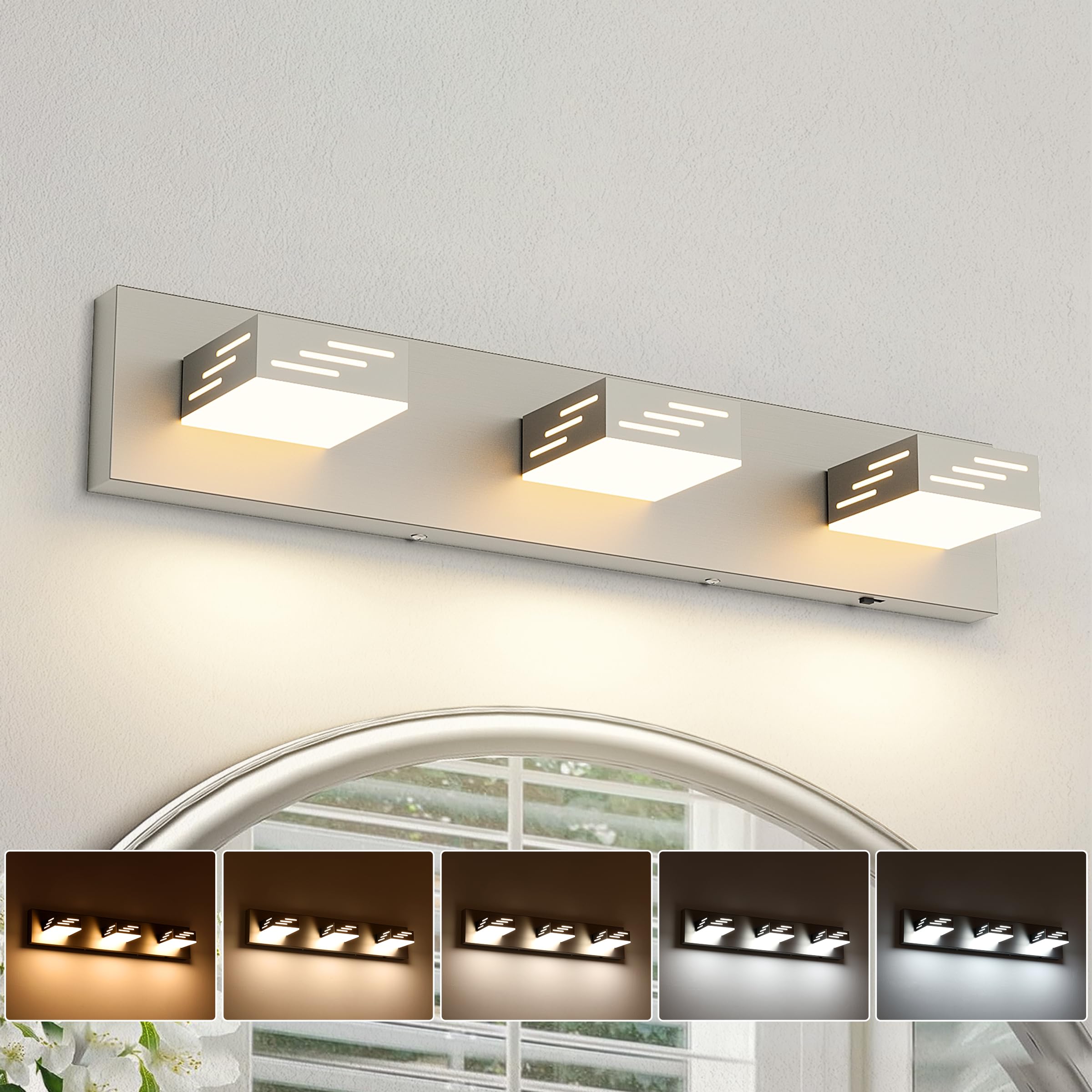 Joosenhouse 3-Light Brushed Nickel Bathroom Vanity Light, 23.6-Inch 5CCT Dimmable LED Vanity Lighting Fixture, 24W Modern Makeup Light with Adjustable