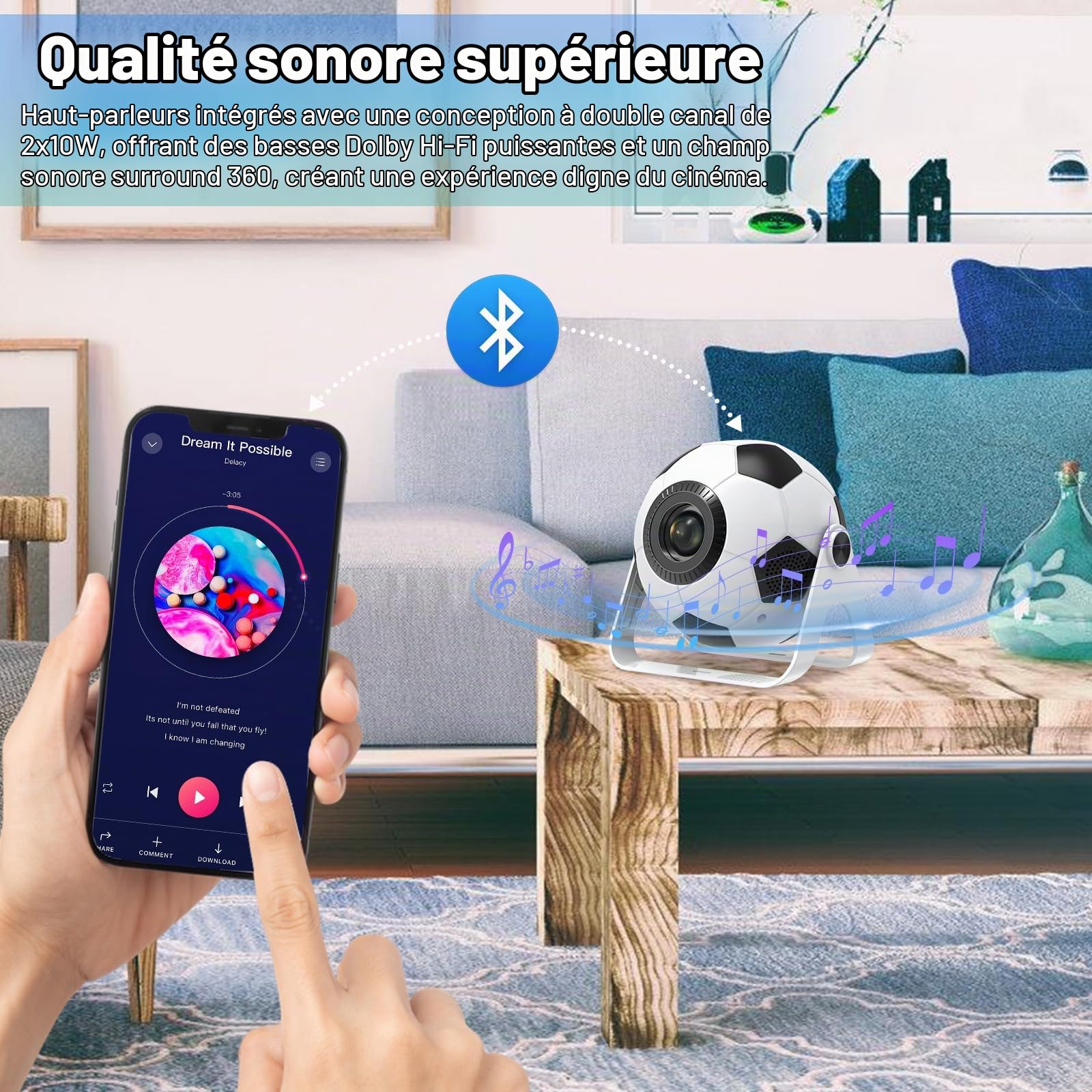 Mini-projecteur de Football 2026, Compatible 4K/1080p, 220 ANSI, avec Correction Automatique de la Distorsion trapézoïdale Verticale, Rotation à 270°, Wi-FI 6 Double Bande et Bluetooth 5.4