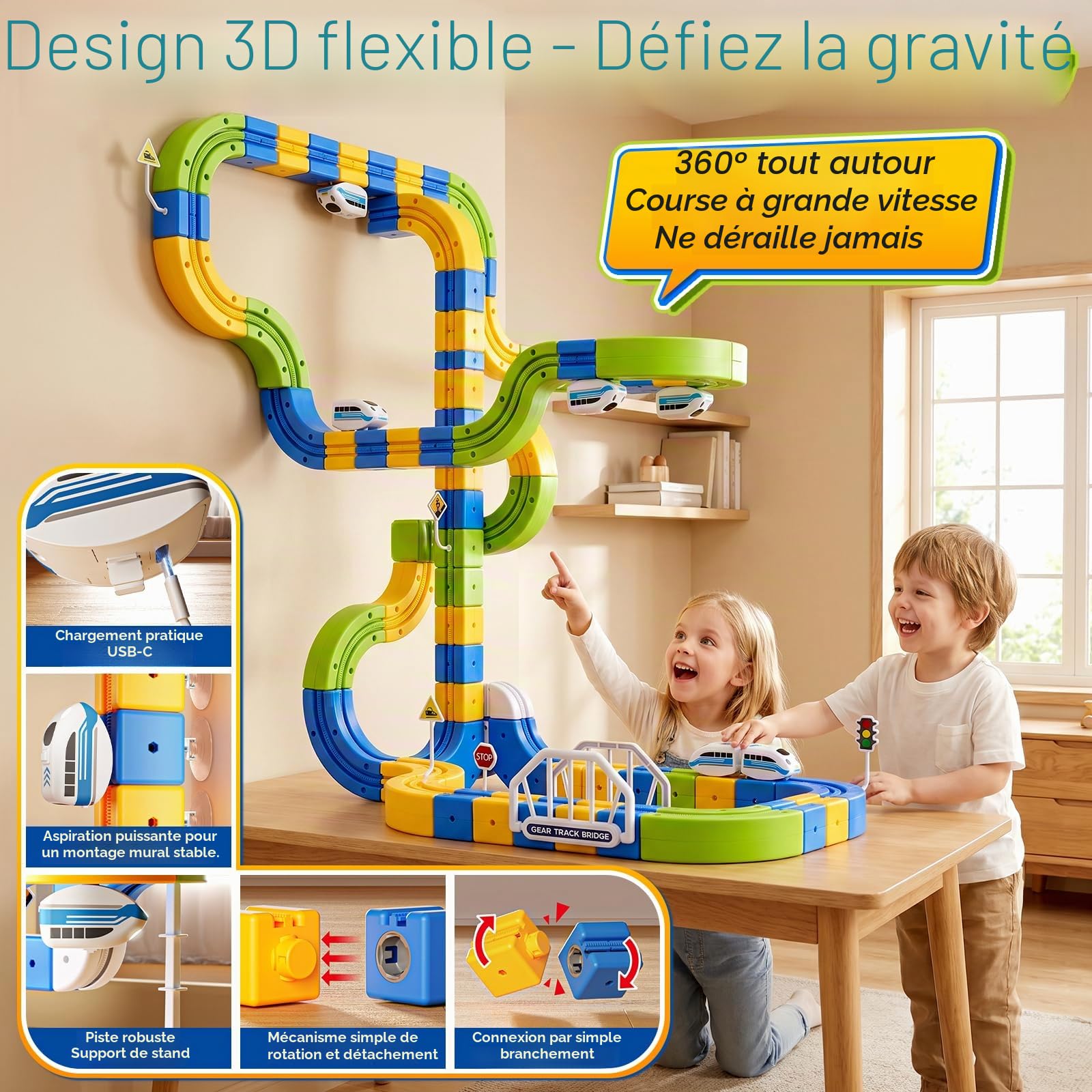 225 Pièces Train Électrique Klick-rail Avec 2 Petits Trains Circuit Flexible, DIY Cube Track Block Train avec Parcours 3D Defiant la Gravité, Chemin de Fer & Magic Rail Block,Cadeau Jouet pour Enfants