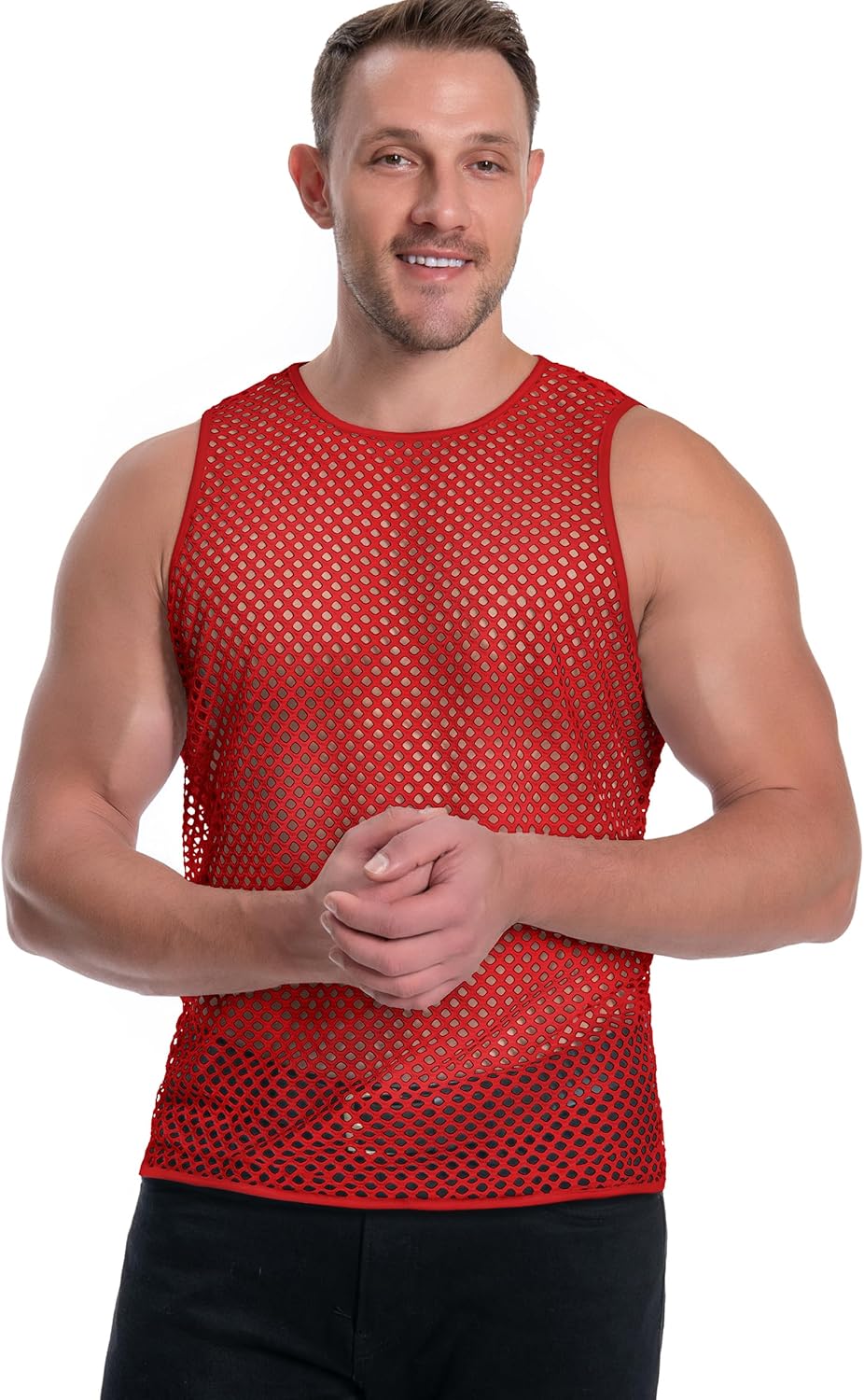 Men's Mesh Fishnet Muscle Top See Through Shirts Fitted Crew Neck Tee Clubwear - Image 7