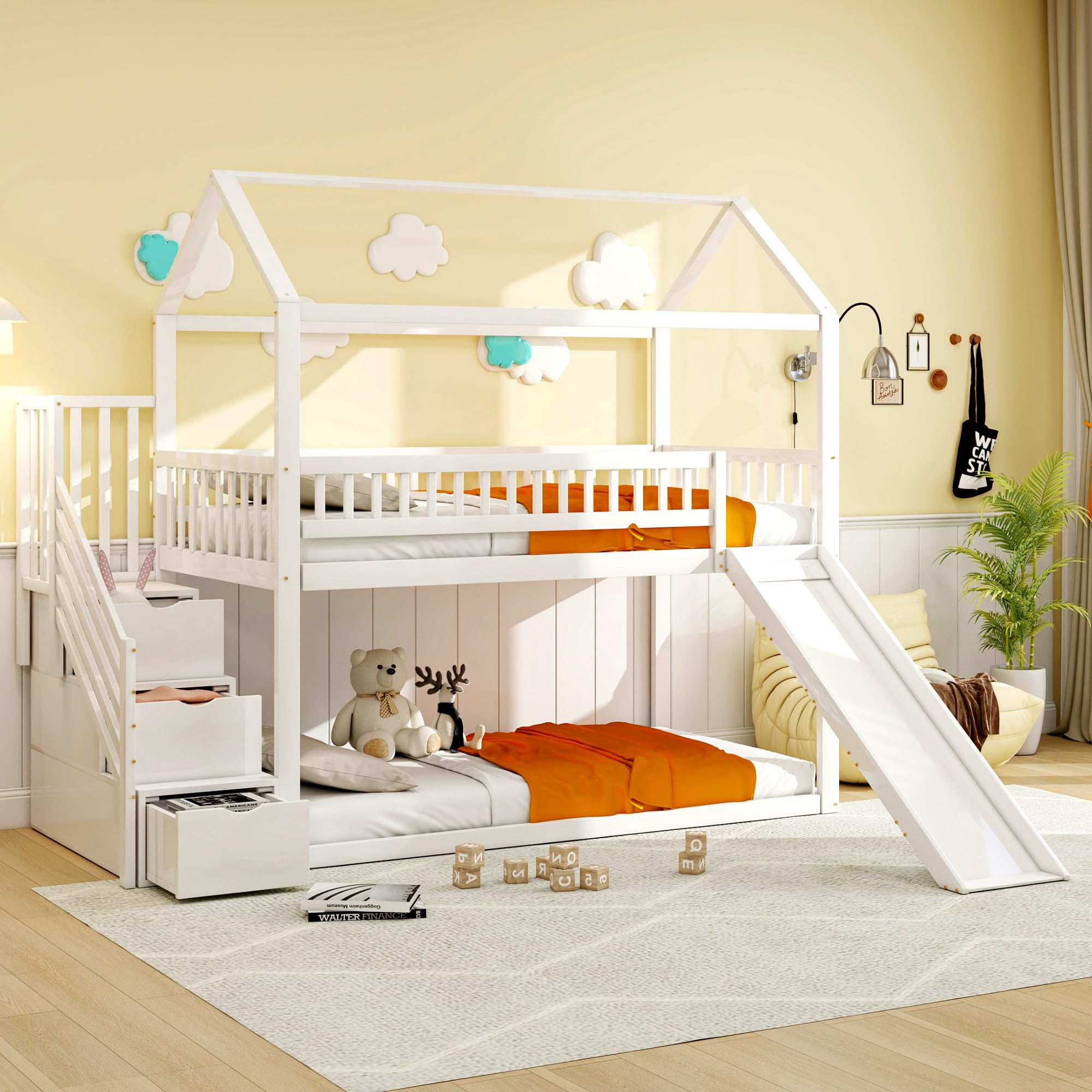 Hochbett Kinderetagenbett 90x200 cm, Multifunktionales Kinderbett, mit Rutsche und 3 Stauraumleiter, hohe Zaunkonstruktion, Massivholzbettrahmen, Lattenrost,Weiße