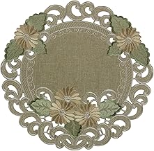 Quinnyshop Tischaufleger Tisch-Deckchen Leinen-Optik Blumen Stickerei ca. 40 cm Rund Polyester, Grün-Beige