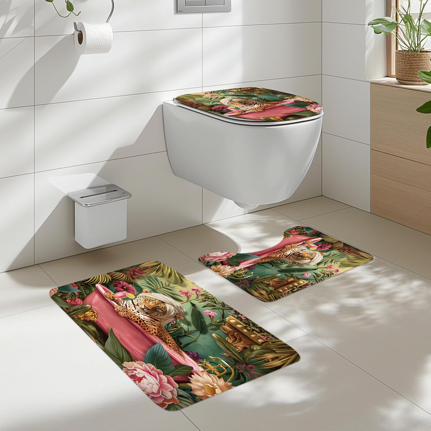 Cinbloo 4Pcs Leopard Cheetah Shower Curtain Set, Hot Pink Wildlife in Bathtub Vintage Jungle Animal Tropical Bathroom Curtain with Rug, Toilet Lid Cover, Bath Mat, Retro Shower Curtain with 12 Hooks