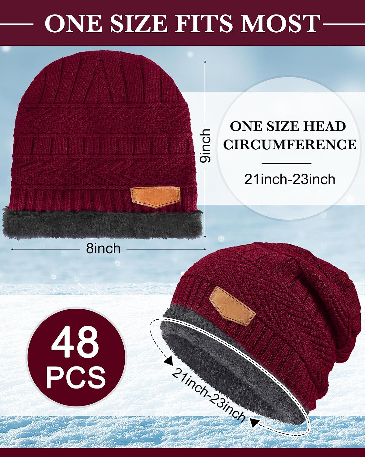 48 Pieces Winter Knit Beanie Hats Bulk for Homeless Fleece Lined Beanie Warm Beanie Cap for Adults