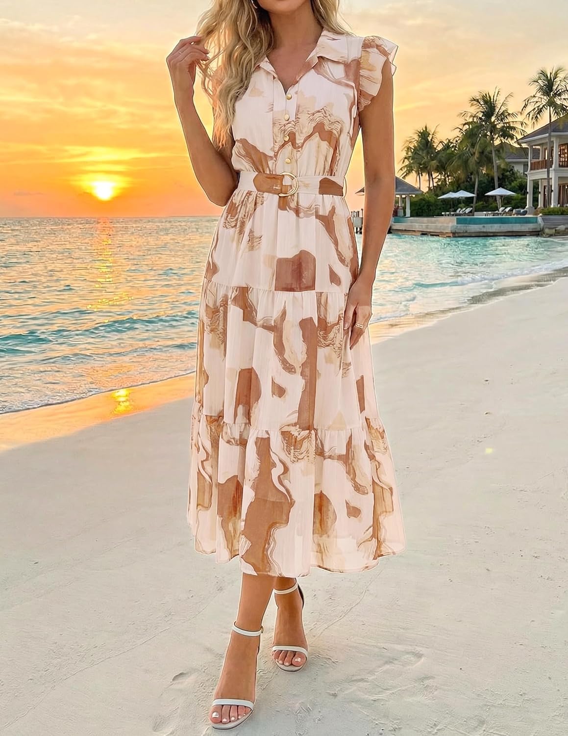 ZESICA Women's Summer Floral Midi Dress 2026 Casual Flutter Short Sleeve Chiffon Button Down Wedding Guest Party Dresses - Image 2