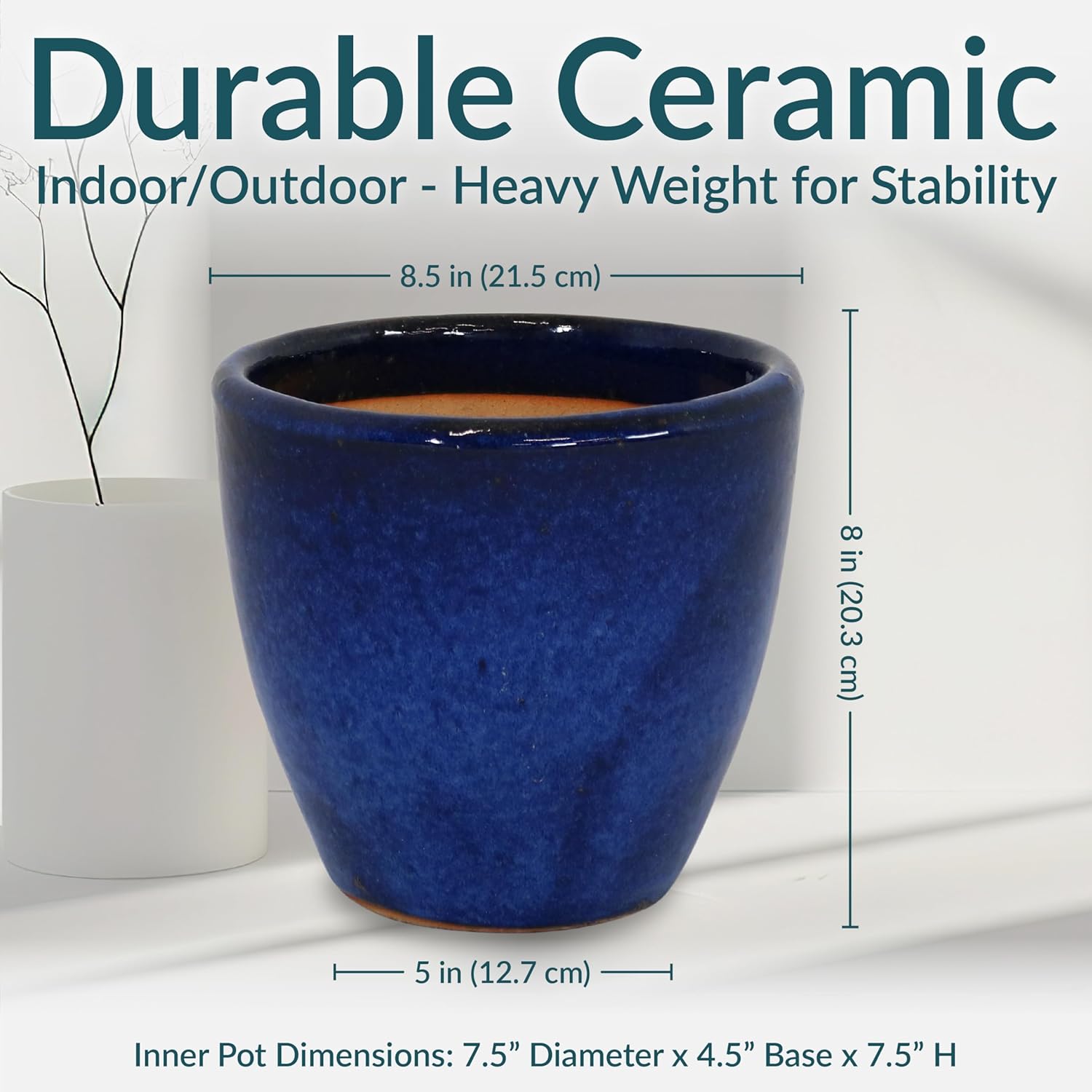 Sunnydaze Resort Round Ceramic Planter - Set of 2 Indoor or Outdoor Plant Pots with Drainage Hole - 8" - Imperial Blue Glaze