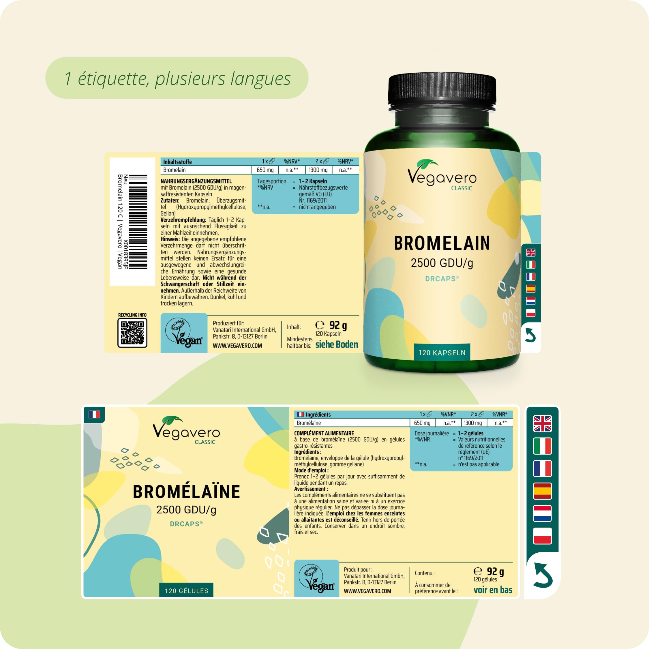 Bromelaine Pure 1300 mg Vegavero® | Dosage Élevé : 2500 GDU/g | SANS ADDITIFS | Enzymes Digestives | Digestion difficile | Gélules gastro-résistantes DRcaps® | 120 Gélules | VEGAN
