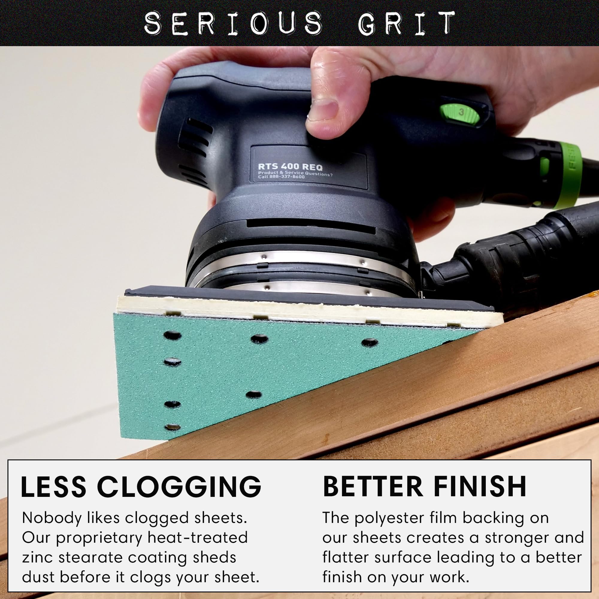 Serious Grit - Hojas de lija de grano 120 de 80 mm x 133 mm, 14 agujeros, compatible con Festool RTS 400 y Mirka Deos 353, abrasivos de película de gancho y bucle de alta resistencia, papel de lija