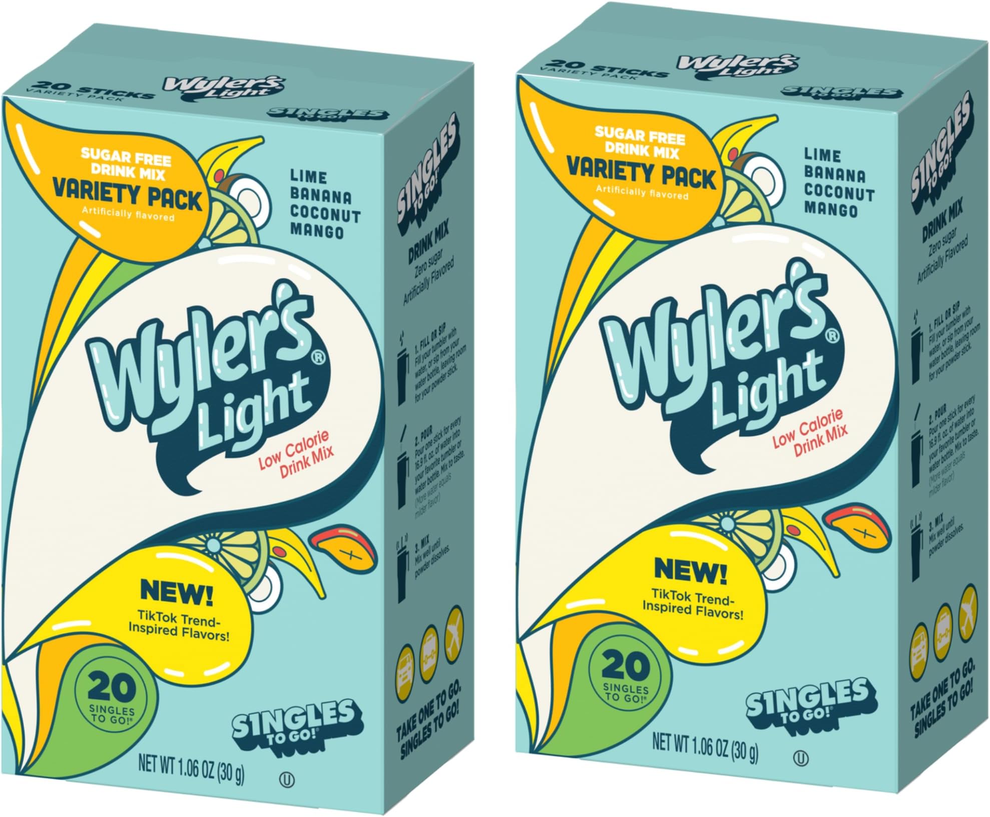 SINGLES TO GO! Wyler's Light TikTok Bundle Variety Pack - Pack of 2 Blue Variety Boxes - 20 Packets Per Box - 40 Servings - Trend Inspired Flavors - Low Calorie Drink Mix
