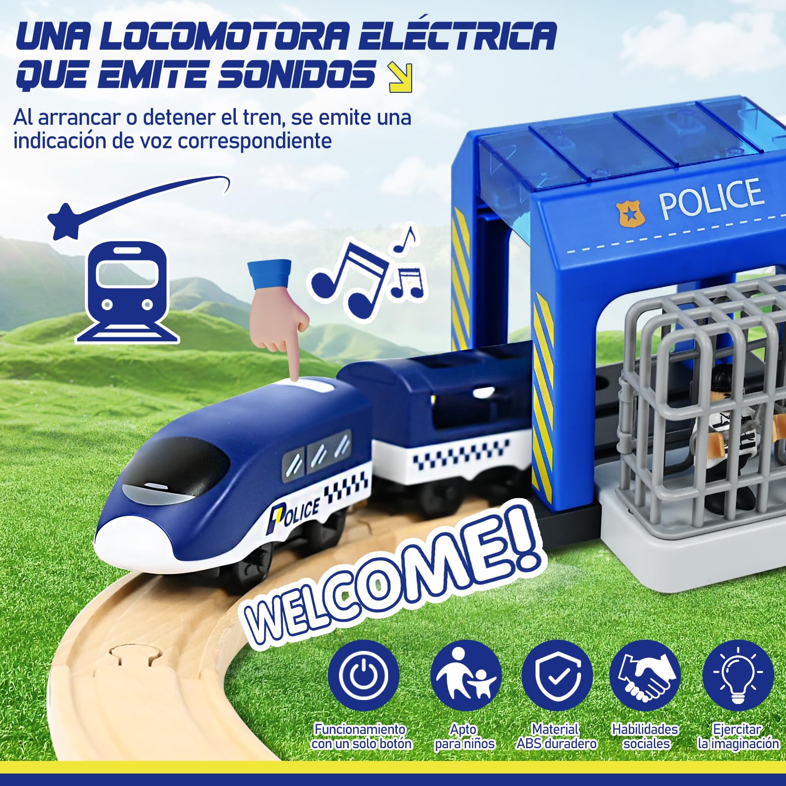 Ulikey Tren de Madera para Niños, 72 Piezas Juego de Tren de Madera con Tema de Policías y Ladrones, Kit de Ferrocarril de Juguete Regalo para Niños y Niñas