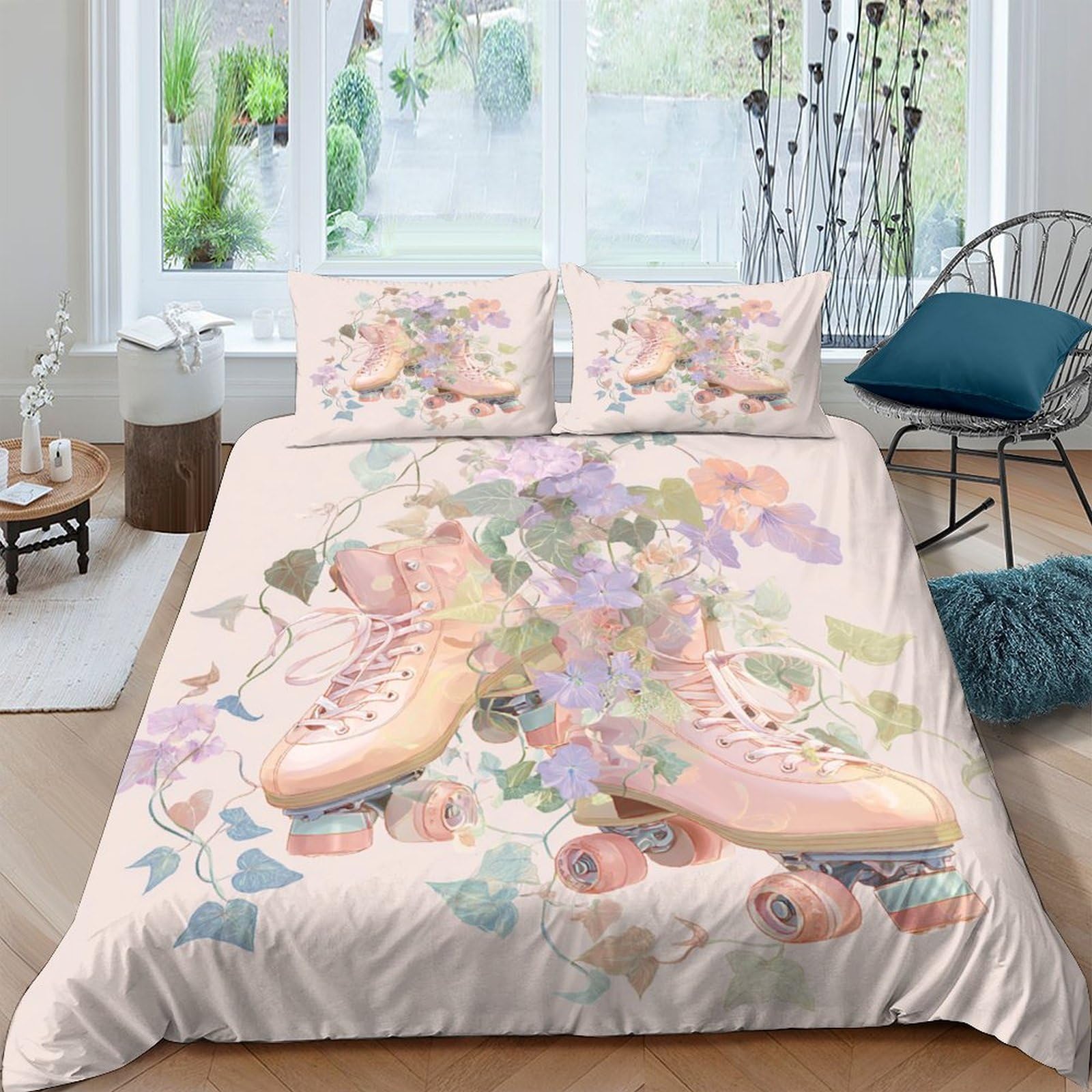 GPLZQXKJNH 3D Printed Ballet Shoes Floral Duvet Cover Microfiber Soft Breathable Pastel Bedding Set with 2 Pillowcases for Bedroom Decor Single（135x200cm）