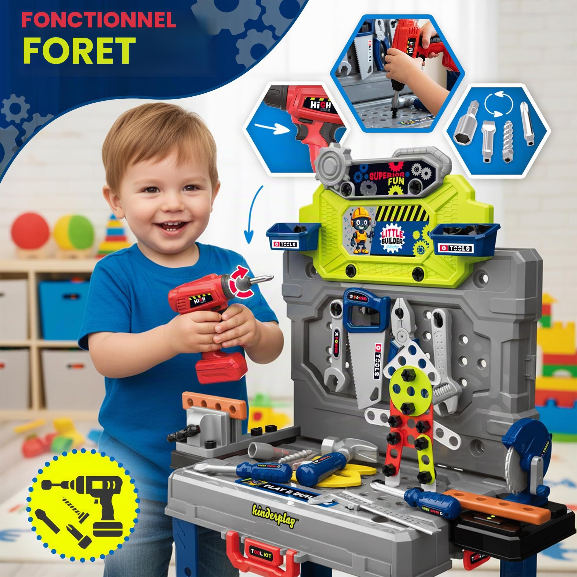 Kinderplay Établi pour Enfants 132 pièces avec kit d'outils et perceuse, Atelier pour Enfants à partir de 3 Ans, Mallette 2 en 1, Banc à Outils, Jouet pour garçons et Filles