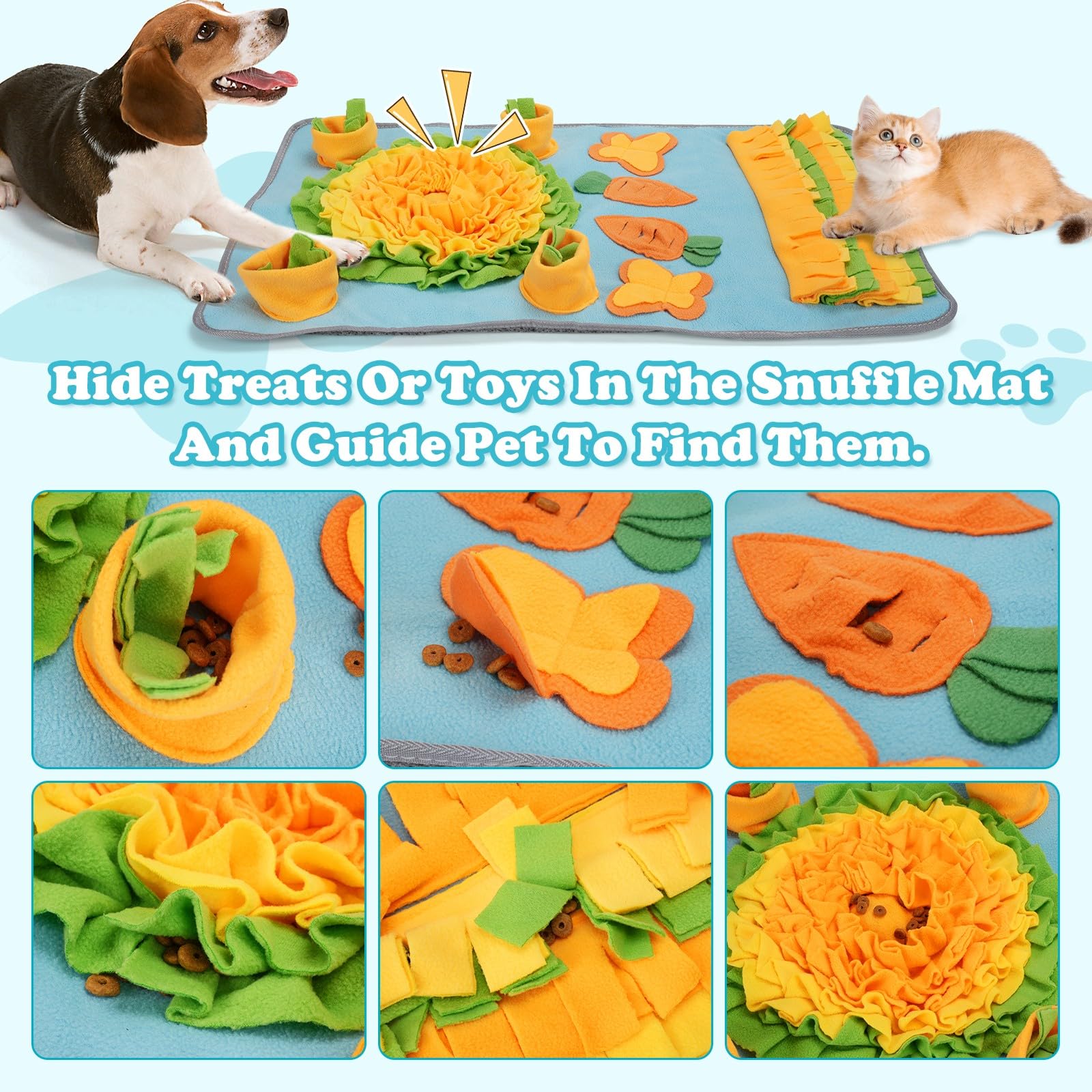 DEWEL Alfombra Olfativa Perros, Snuffle Mat con Zanahorias con Sonido, Juguete Interactivos para Perros, Manta de Actividades Mascota Plegable y Lavable, 78.5x48 cm (Azul Cielo)