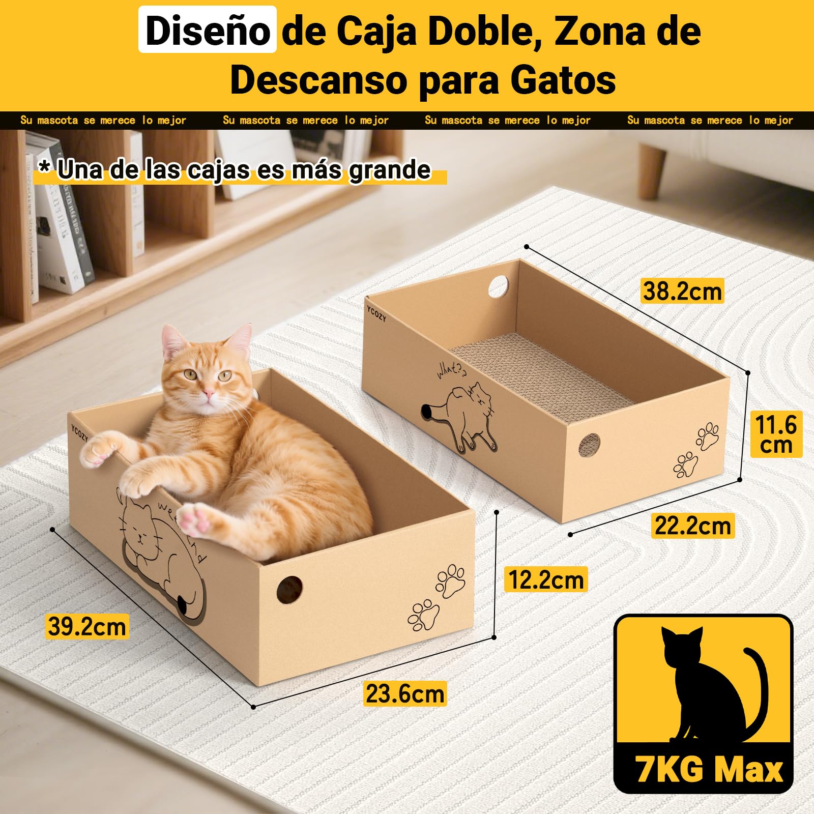 Ycozy Rascador para Gatos con 2 Cajas y 6 Tablas para rascar, Grande XXL, cartón rascador de Doble Cara para Gatos, cartón Intercambiable, Resistente