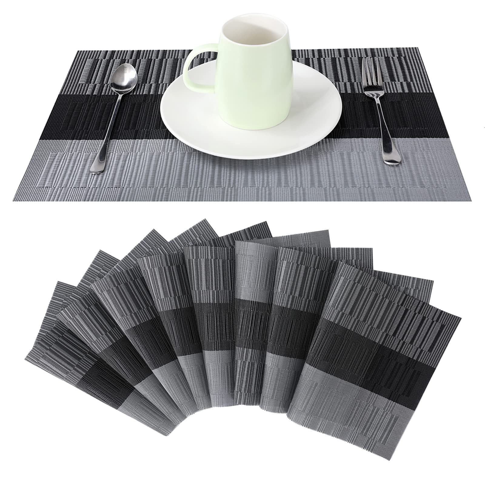 Placemats Set Heat Insulation Stain Resistant Placemats for Dining Table Washable Woven Vinyl Placemat Kitchen Table Mats (8, Black)
