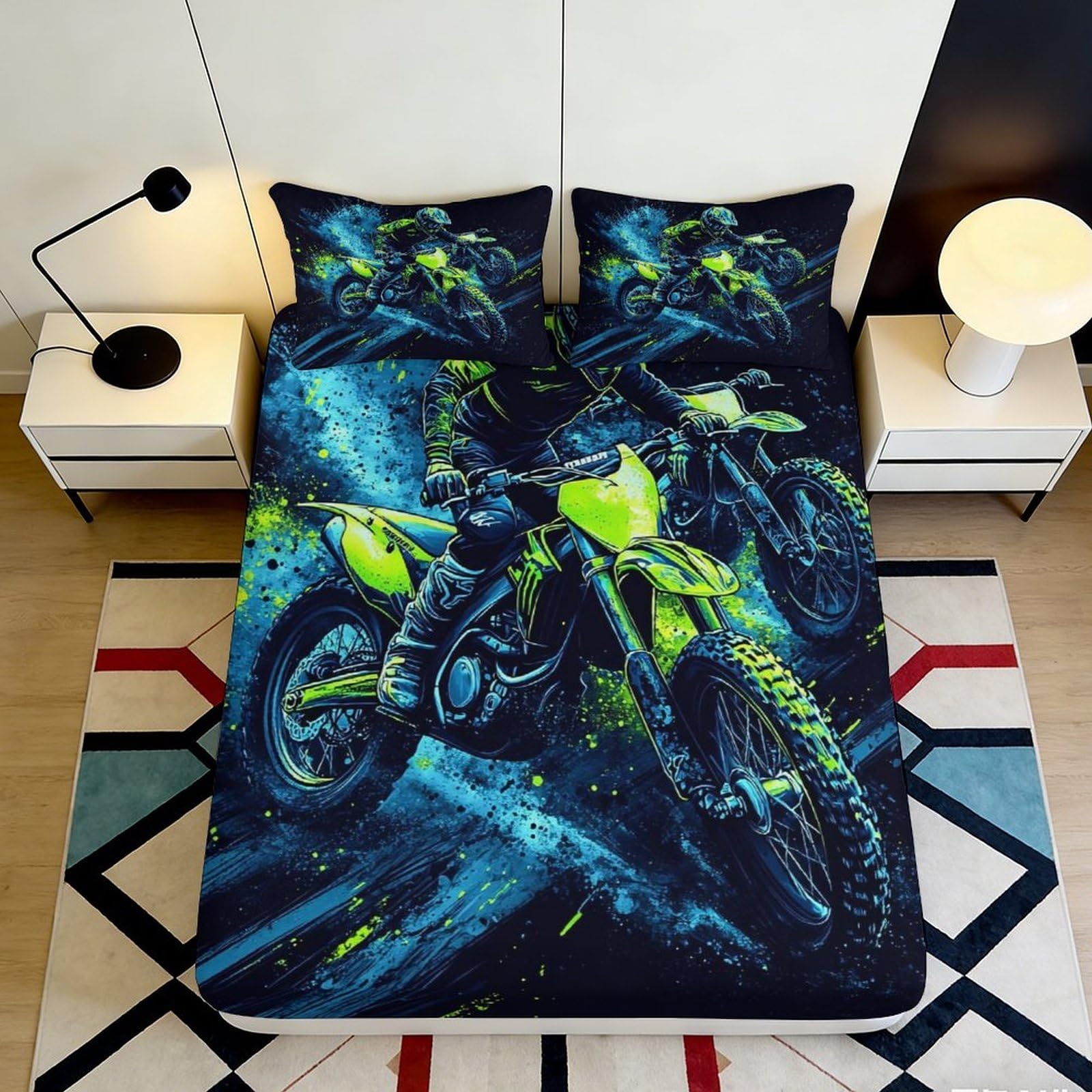 3D Printed Neon Motocross Fitted Sheet Microfiber Soft Breathable Dirt Bike Mattress Cover for Bedroom Dorm Decor 200x200x25cm