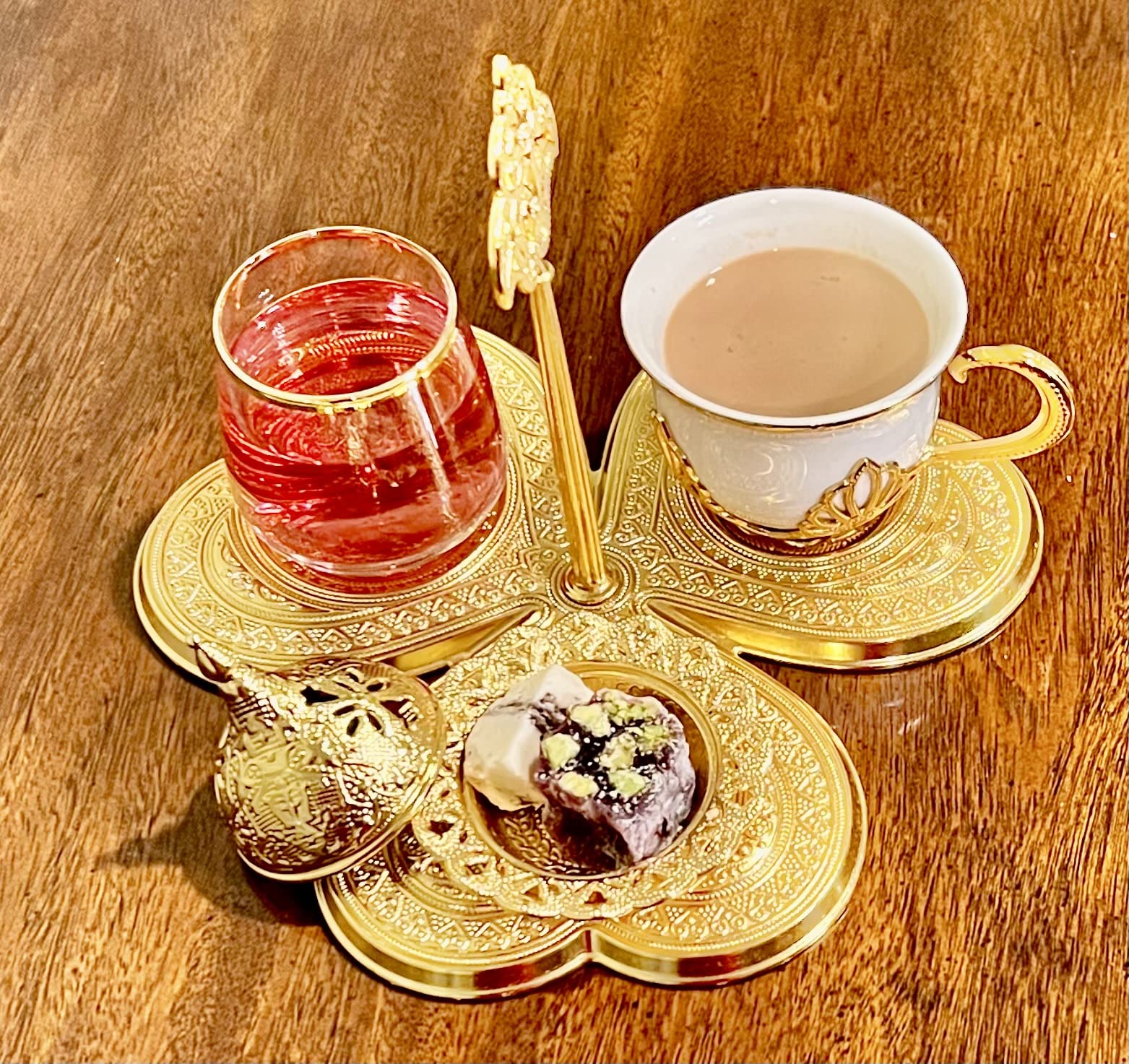 Turkish Tea Coffee Set with a Glass, Saucer and Dessert cave, Gift Set Heart Shaped 3 in 1 Coffee Tea Dessert Set 5.75