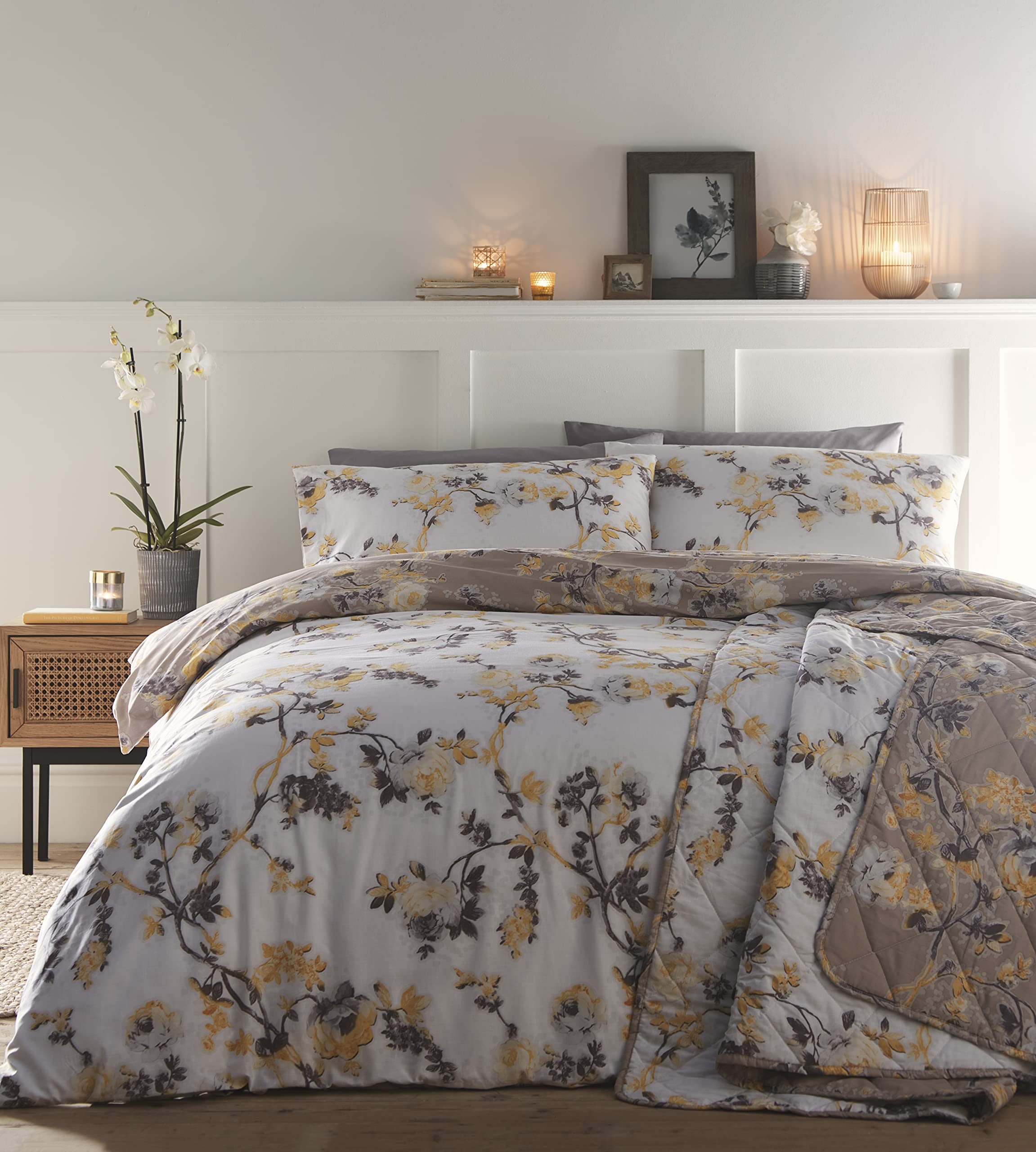 Homemaker Bedding Yellow ® Duvet Set Quilt Cover & Pillow Cases Ochre Blossom Flowers (Double)