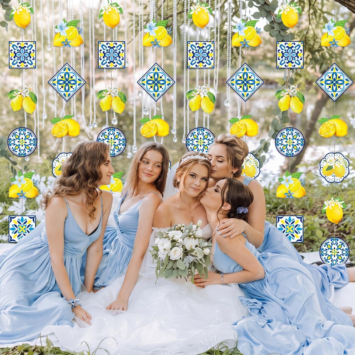 Capoda 8 Pcs Amalfi Coast Party Decor Capri Lemon Blue Tiles Paper Garlands Lemonade Hanging Garland Banners for Wedding Birthday Bridal Shower Bachelorette Party Decorations