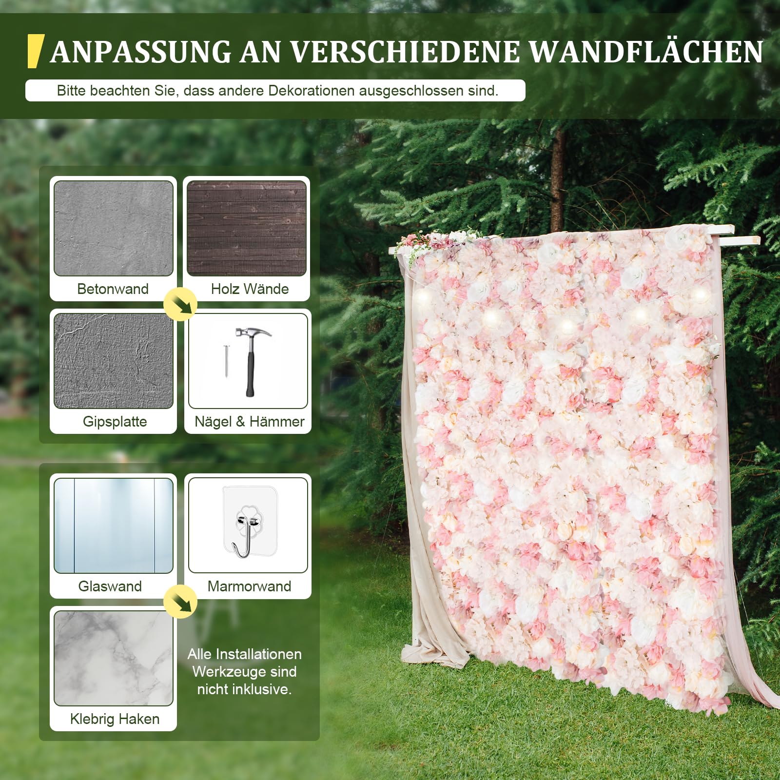 12 Stück künstliche Blumenwand Künstliche Blumen-Wandpaneel Blumen-Hintergrund Kunstblumen Deko Dekoblumen für Party Hochzeit Heimdekoration