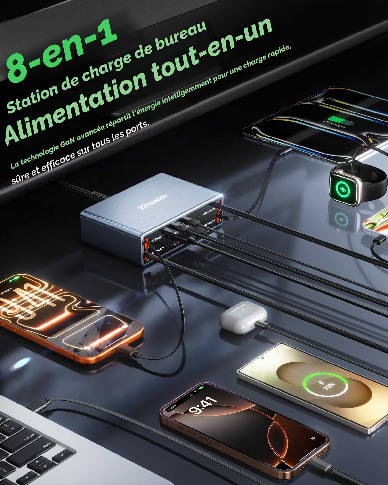 HATALKIN Station de Charge USB C 105w Retractable Multi Chargeur 8 Ports GAN Chargeurs et Adaptateurs pour iPhone 17/17 Pro/16/15/14/13, iPad, MacBook Air Series/Samsung Galaxy Tab S8 Series（4C）