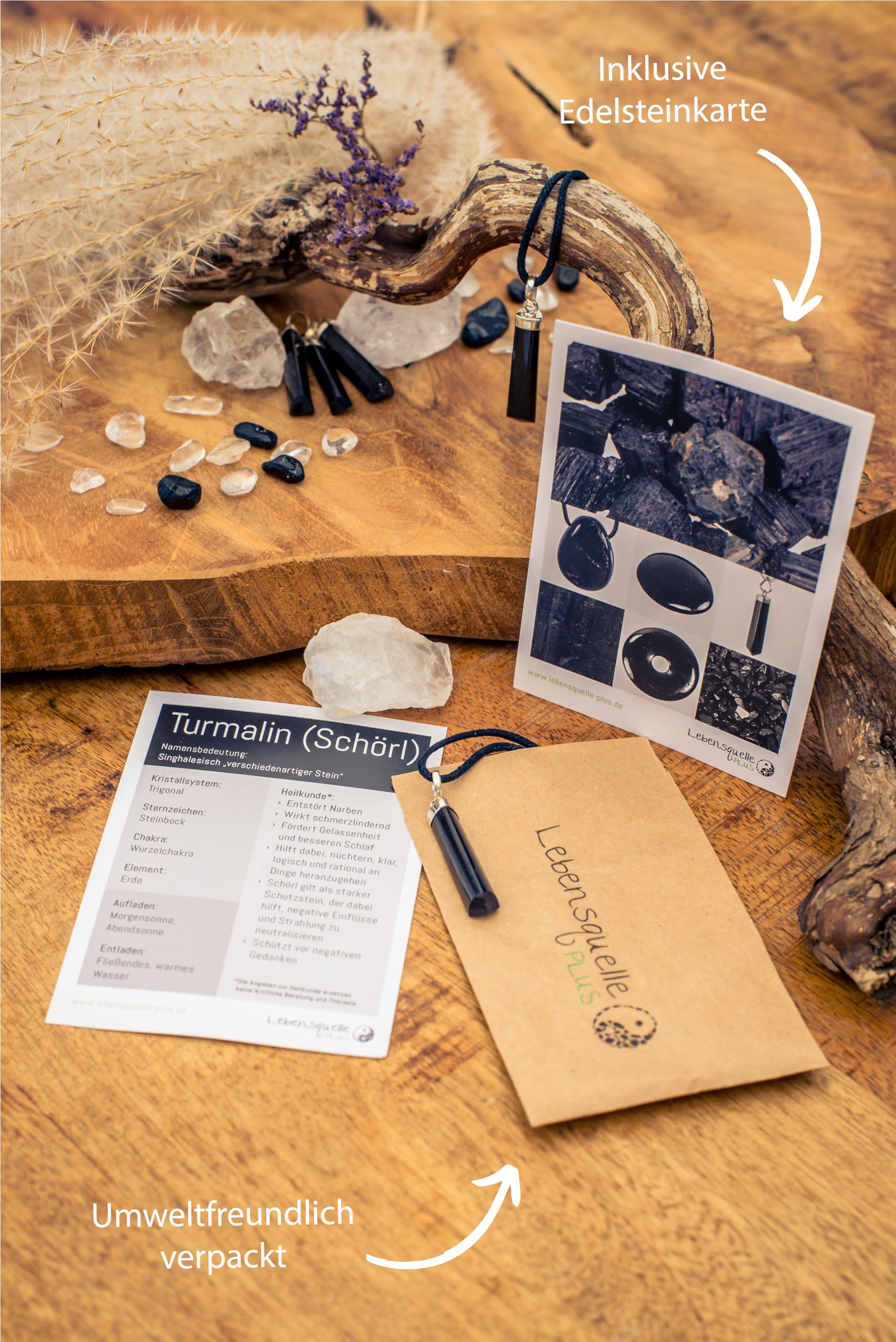 Lebensquelle Plus Tourmaline noire/pointe polie Schorl | Pendentif élégant en pierre précieuse | Capuchon en argent 925 + œillet, Acier inoxydable, Tourmaline