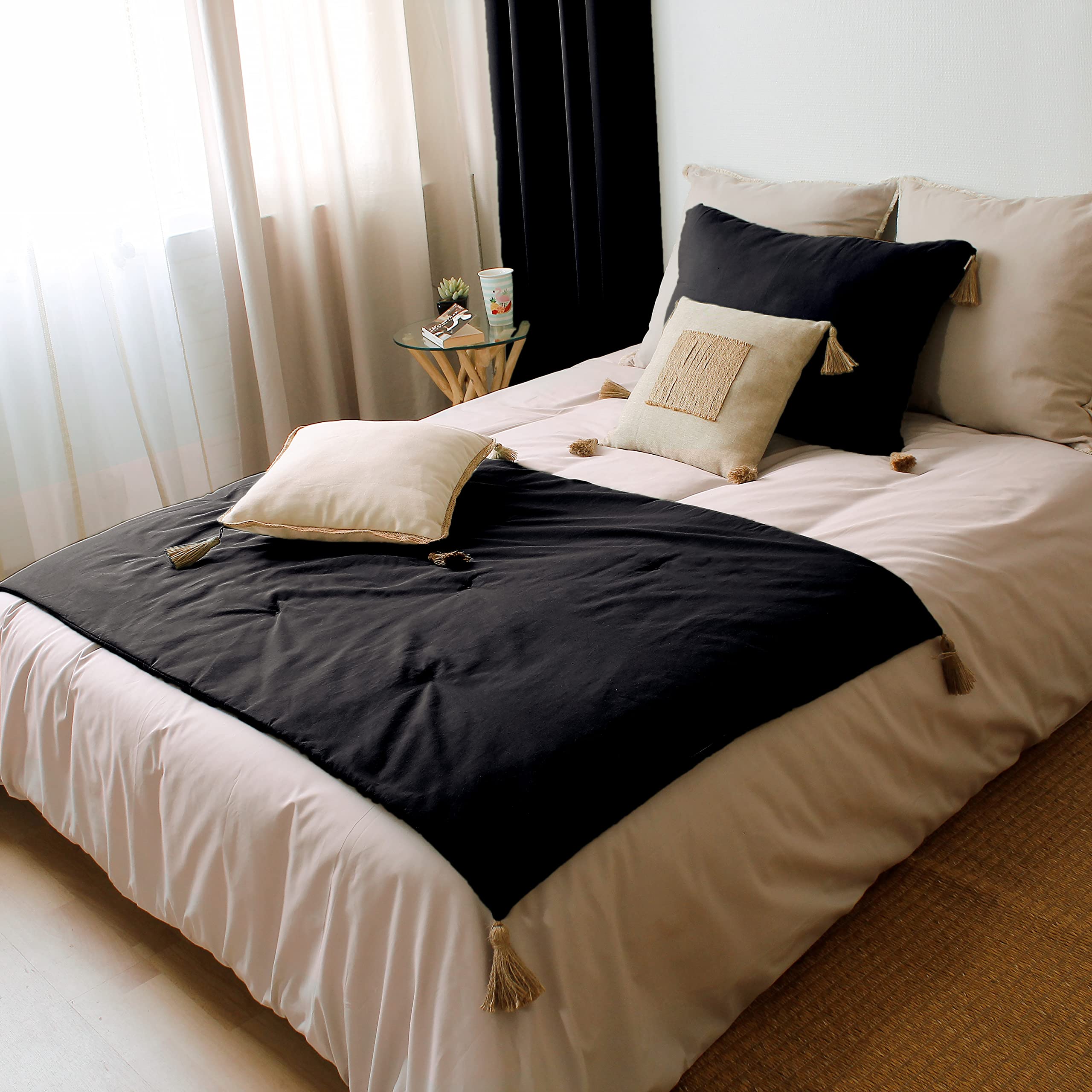 Édredon Décoratif Panama Terre Cuite 90x190cm - 100% Coton Avec Pompons Jute - Certifié Oeko-Tex