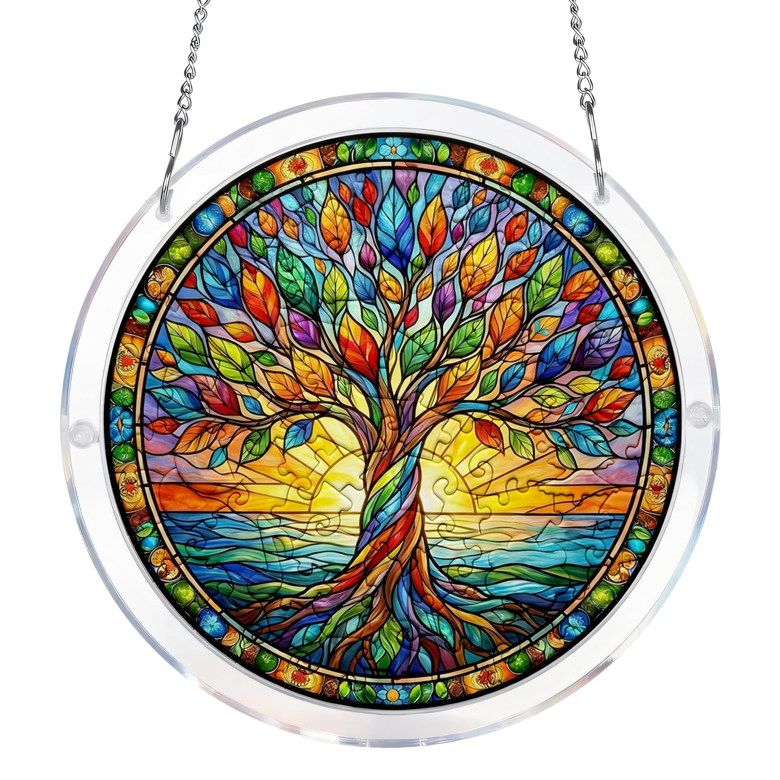 Tree Acrylic Jigsaw Puzzles Suncatcher, Acrylic Puzzles Suncatcher Kit, Tree of Life Sun Catchers for Windows, Stained Glass Style Suncatchers, Window Hanging Decor for Garden, Balcony, Patio, Yard