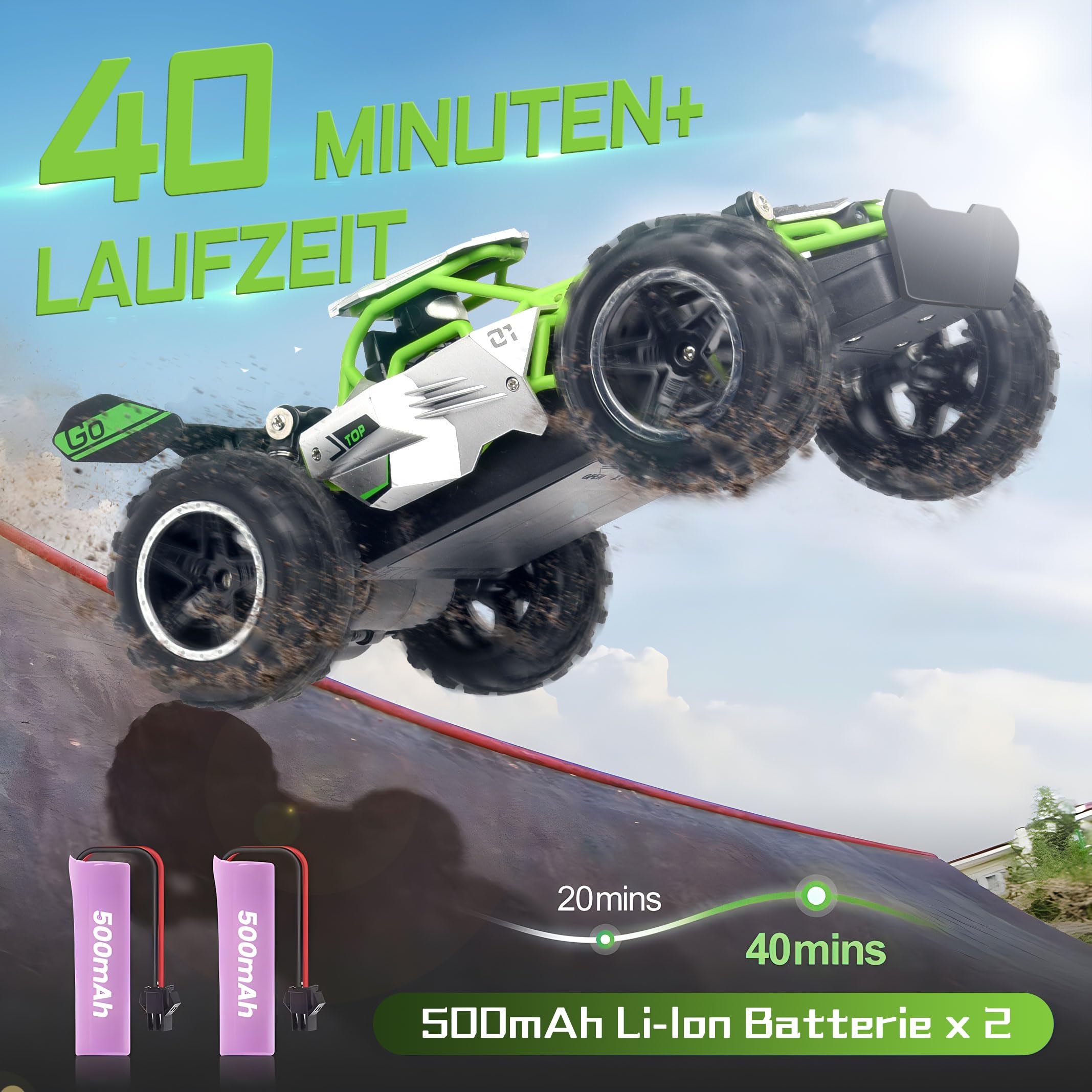 Pmgud Trucks Macchina Telecomandata Auto 1:18 Rc Cars, 2,4 GHz All Terrain Offroad Auto Radiocomandata 2WD 20 km/h Impermeabile con 2 Batterie Regalo Per Bambini Di 6-14 Anni(Verde)