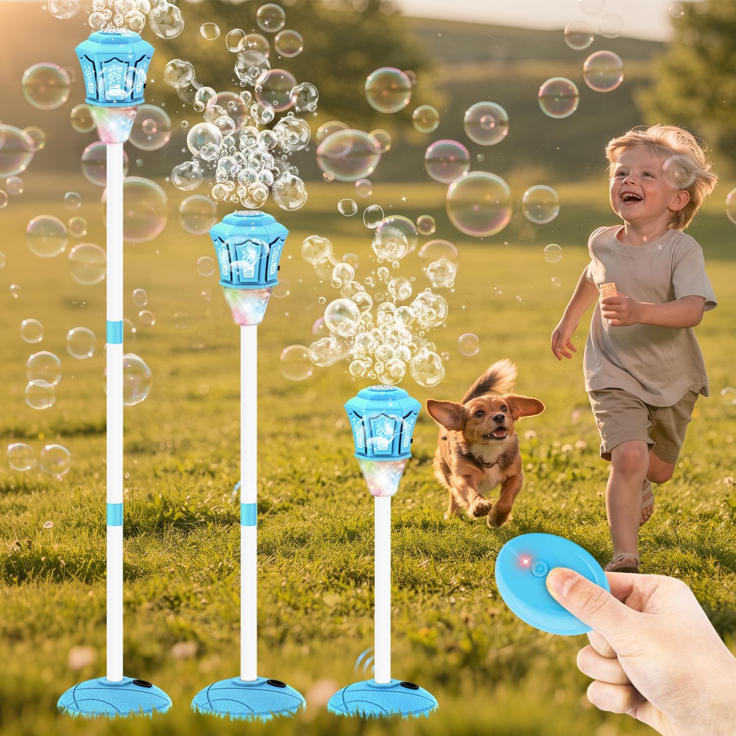 Bubble Machine,Automatic Standing Bubble Maker Machine with Light/Music/Remote,47 Inch Adjustable Height Outdoor Toys for Toddlers Party Birthday, Wedding,Gifts Blue
