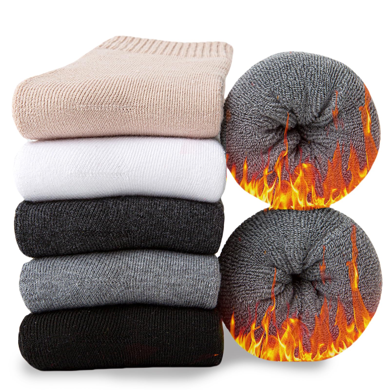 Josnown Winter Socks for Women, 5 Pairs Warm Thermal Thick Boot Cozy Crew Socks, Gift for Women, Sizes 5-10