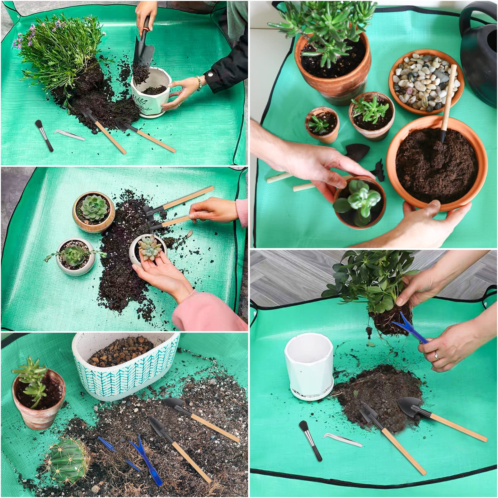 Pflanzen-Umtopfmatte für Garten, 2 Stück, wasserdichte Blumenmatte, faltbare Pflanzenmatte, Blumentablett mit 6 Mini-Gartenwerkzeug-Set für Pflanzenliebhaber, Gartenarbeit