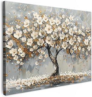 MuchoWow© Leinwand Bilder 40x30 cm Wanddeko Wohnzimmer Aesthetic Room Decor Deko Zimmer Wandbilder Modern Bild auf Leinwand Baum - Blumen - Weiß - Natur - Kunst