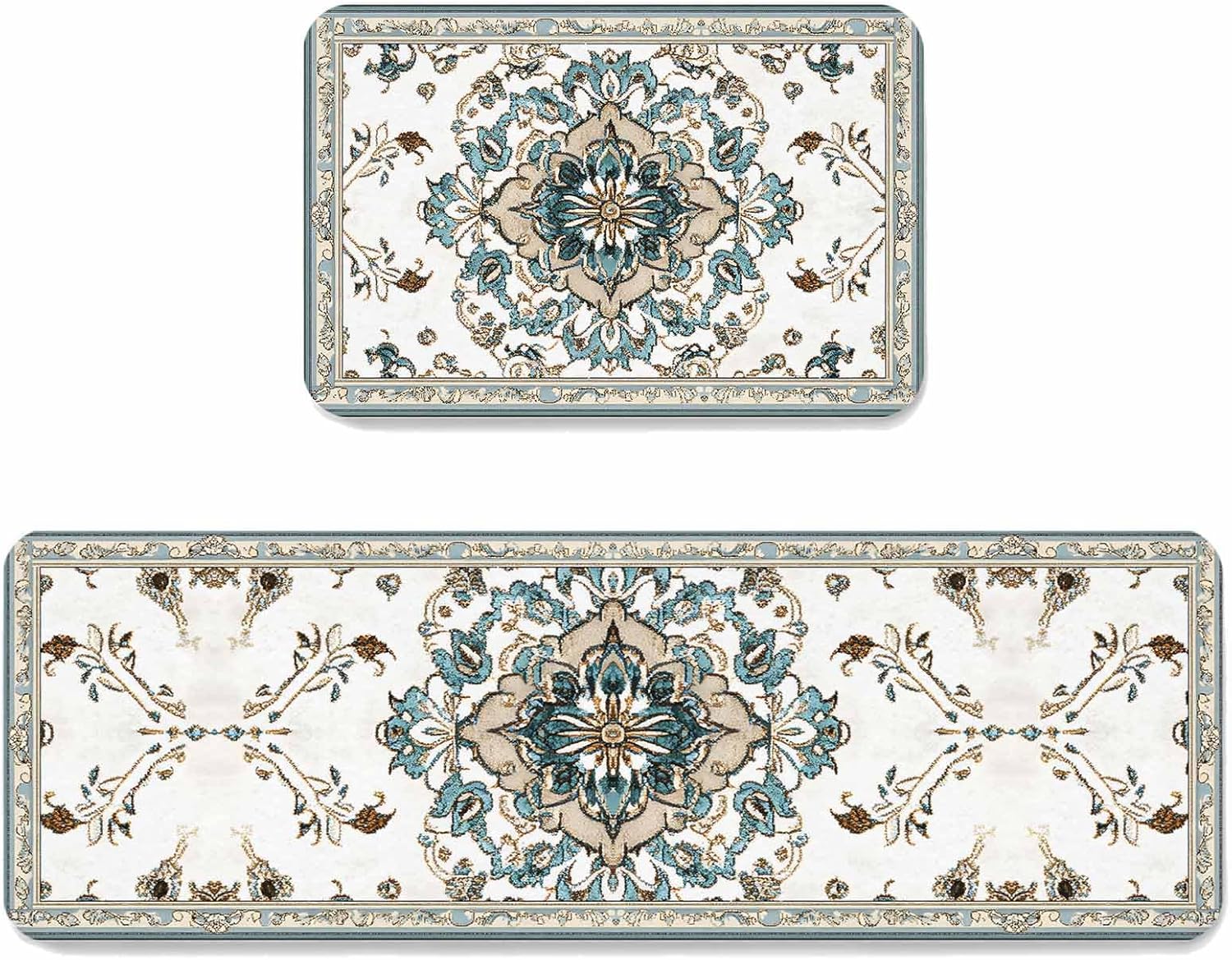 Prime Leader Boho Kitchen Mat Set 2 Pieces Retro Blue Floral Vintage Flower Non Slip Kitchen Rugs Washable Runner Rug Mats for Sink Laundry (19.7" x 31.5"+19.7" x 47.2")