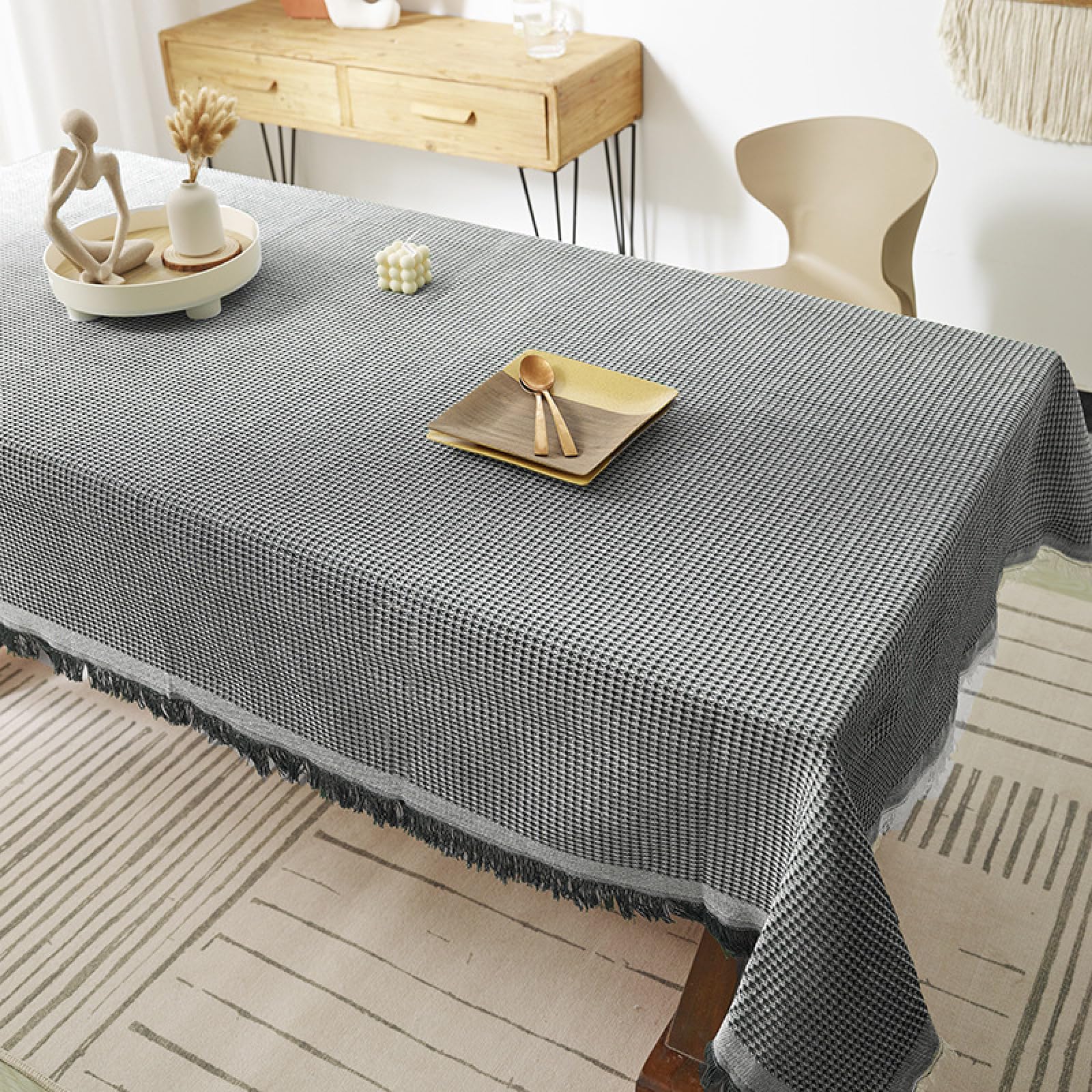 KLUOT Cotton Linen Table Cloth Resistant Rectangular Table Cover with Tassel Decorative Tablecloth for Kitchen Dinner Picnic 130x130cm