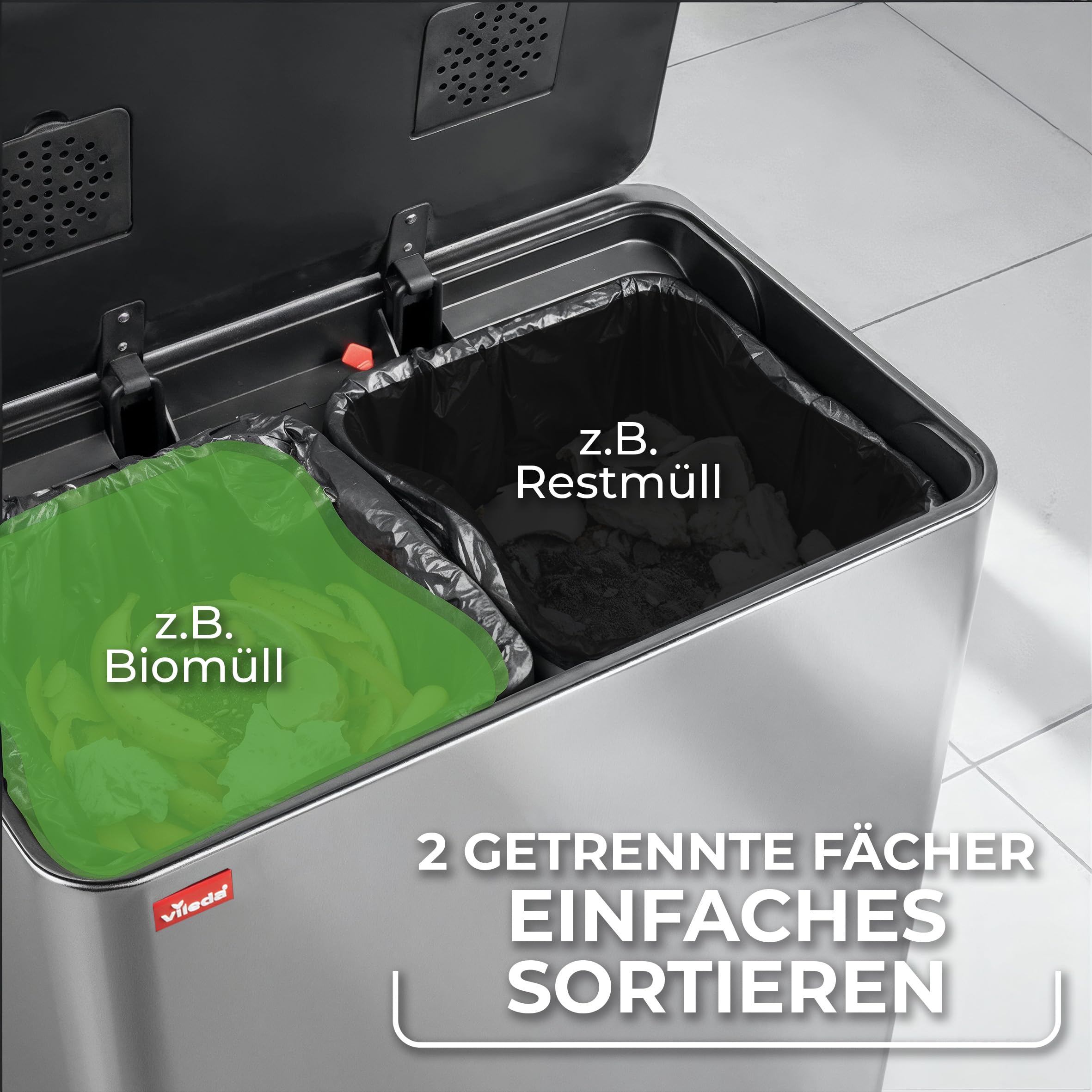 Vileda Mülleimer 60L Edelstahl silber mit 2x 30L Fächern - Treteimer mit Deckel - Abfalleimer 60L mit Soft-Close und 90 Grad Öffnung - Mülleimer Küche 60L - inkl. Einsatzfach für Duftpads im Deckel