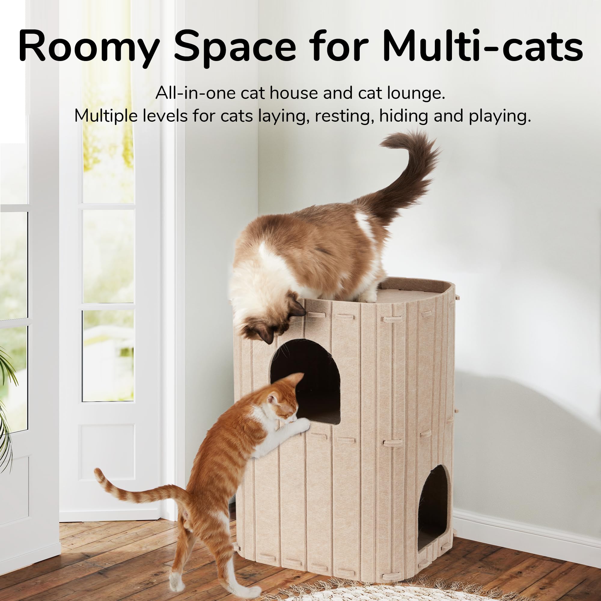 FUKUMARU Cat House for Indoor Cats, 2-Storey Large Cat Bed Cave, Cozy Felt Covered Cats Tunnel Condo Hideaway for Multicats, 17.72x14.37x23.62 inches, Beige