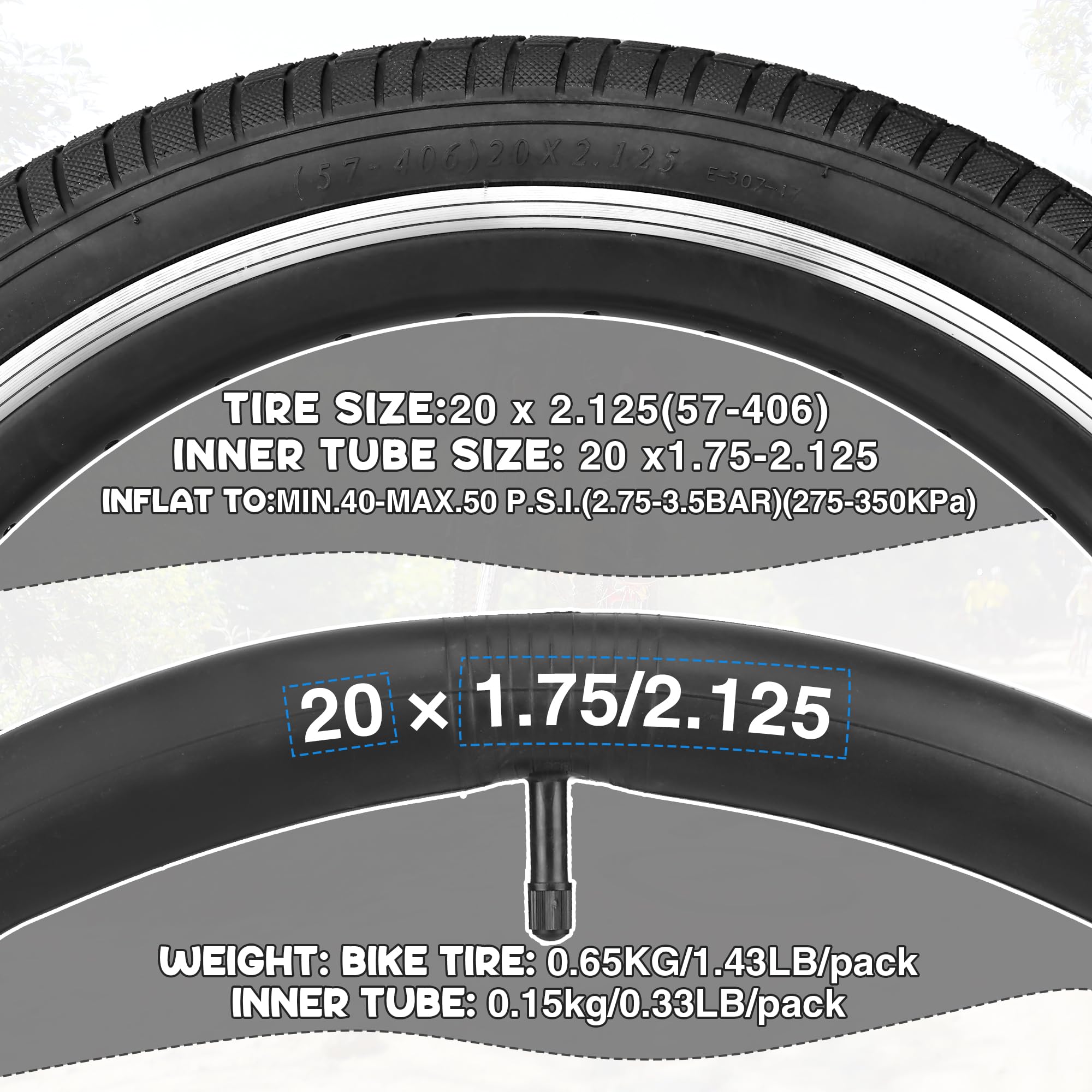 2er-Pack Fahrradreifen 20X2.125 Fahrradmantel 30TPI Faltbar Bike Tires + 2er-Pack 20 Zoll Schlauch AV32mm Ventil kompatibel 20x2.10-2.25 Tires und Tubes