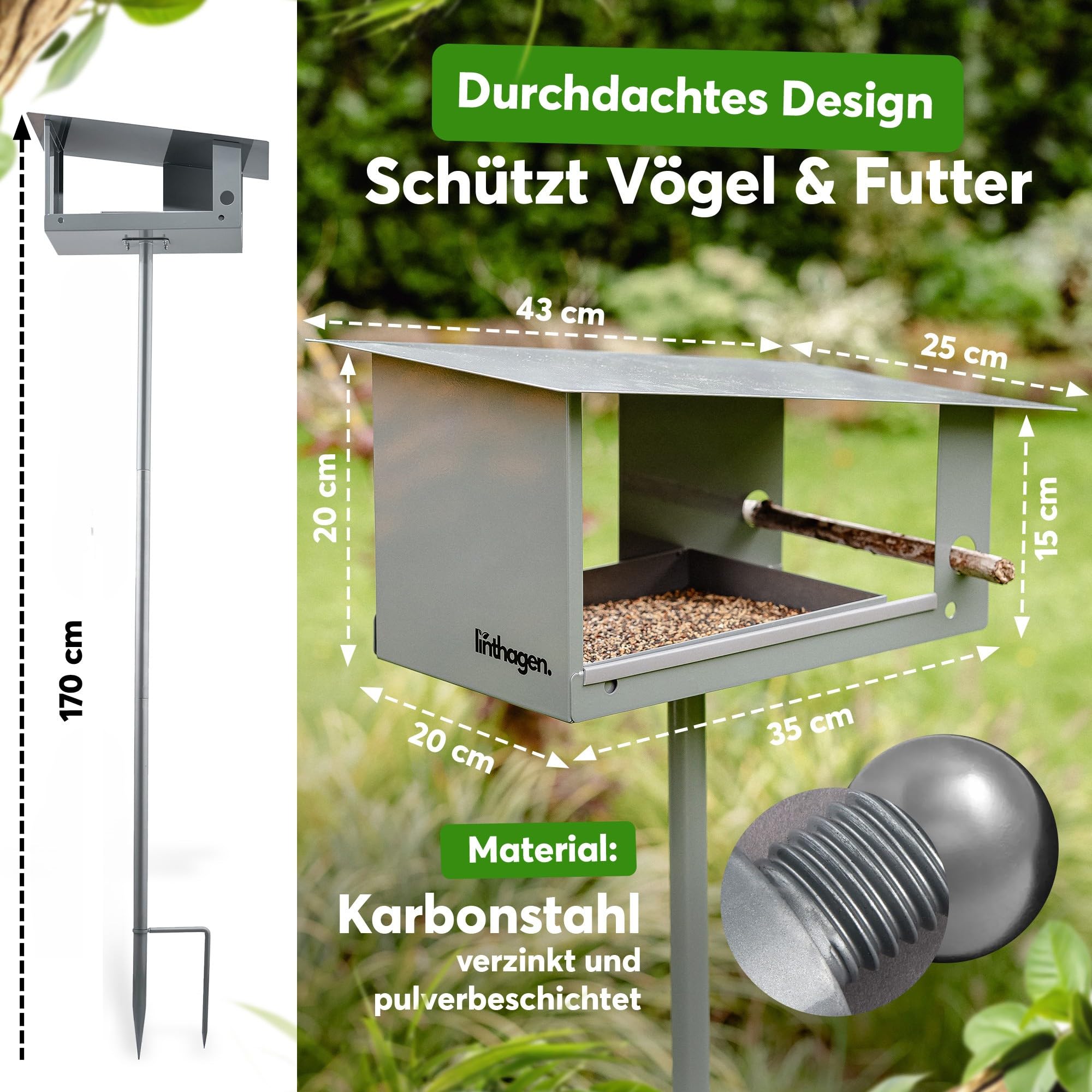 Vogelhaus mit Ständer [wetterfest] - 3-in-1 Futterhaus für Vögel - großes, Robustes Vogelhäuschen, Vogelvilla, Futterhäuschen stehend | Langlebig, wetterfest & leicht zu reinigen | linthagen