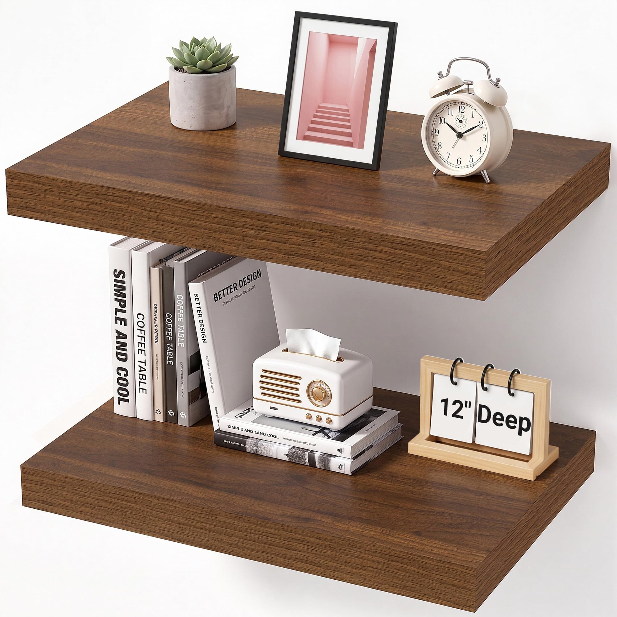 Feihorrm Floating Shelves, 29.5cm Deep Shelves for Wall, 40cm Long, Walnut