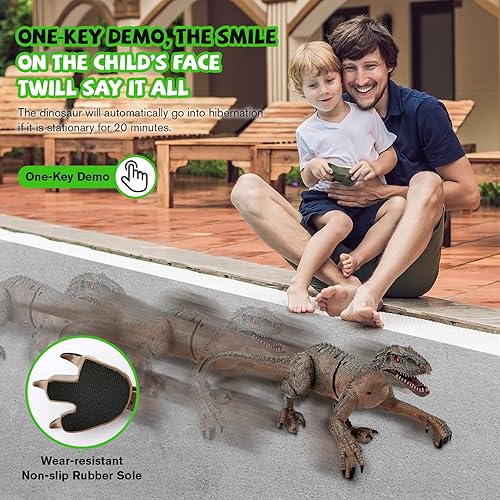 Miniatura 2 de KIDDITOY Juguetes de dinosaurio a control remoto para niños, dinosaurio RC recargable con luz y rugido - demostración de una tecla para caminar