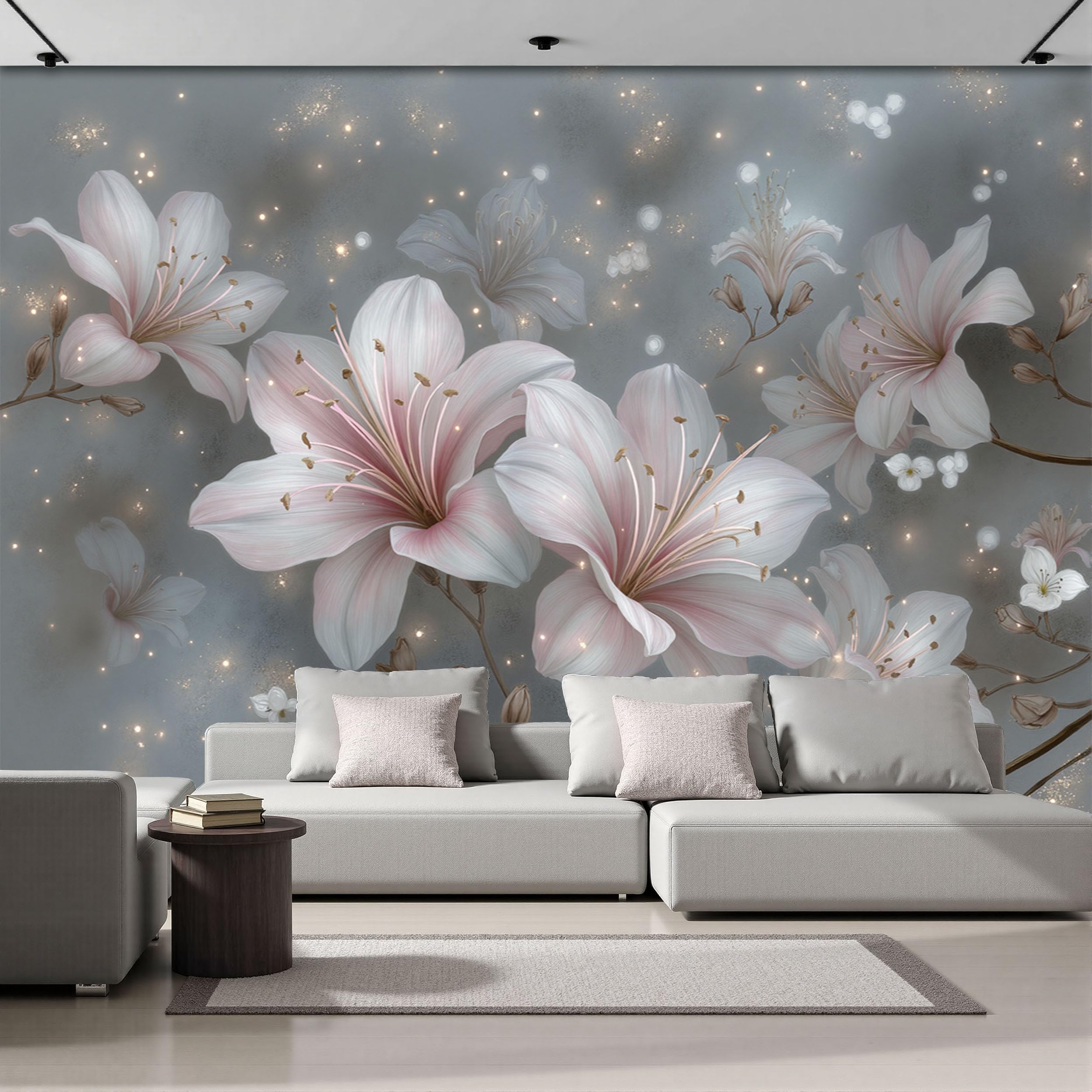 Papier peint soie effet 3D lys gris décoration murale durable et moderne pour bureau et séjour