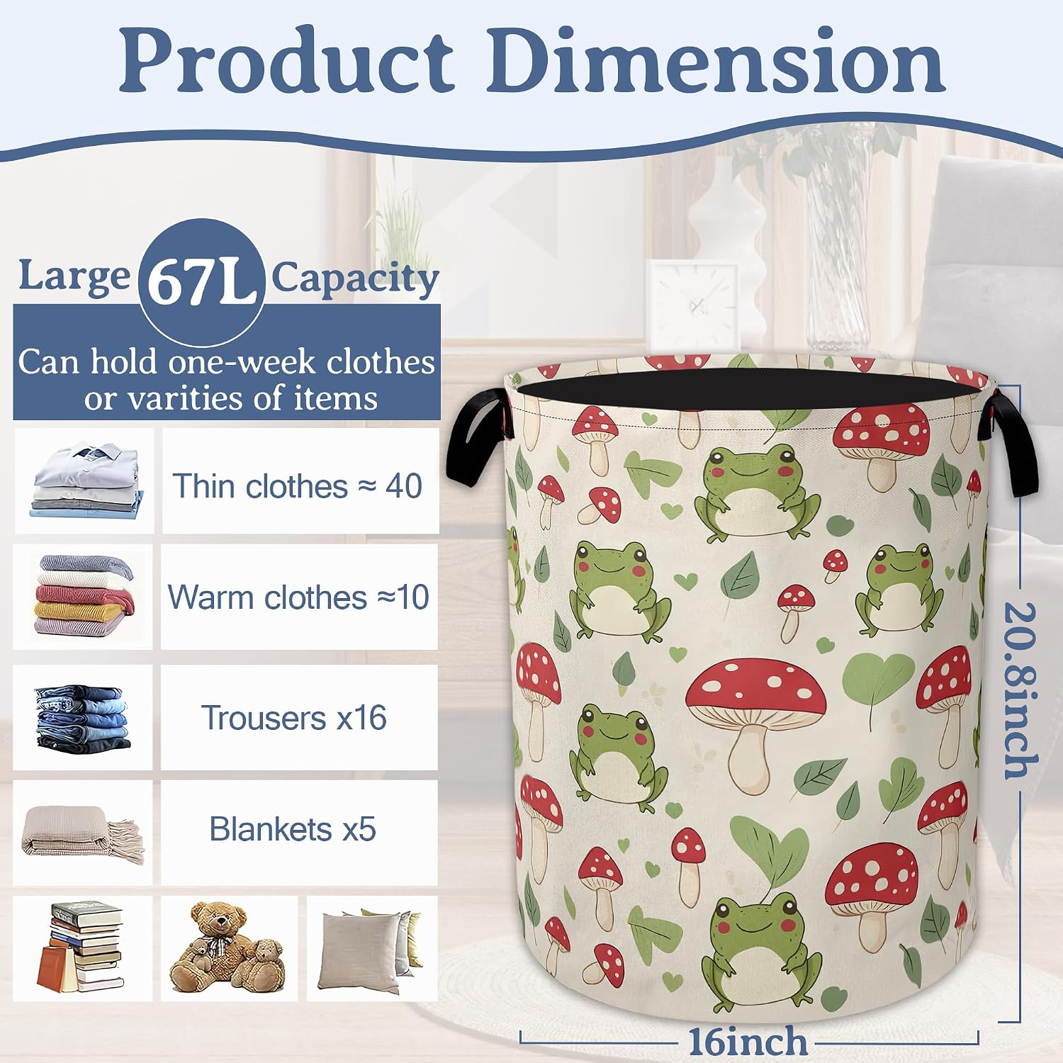 Cute Frog Laundry Basket,Foldable Oxford Cloth Red Mushroom Laundry Hamper With Handle, 20.8"x16" Portable Clothes Storage Basket Bag for Laundry Room/Bathroom/Bedroom/Dormitories image 2